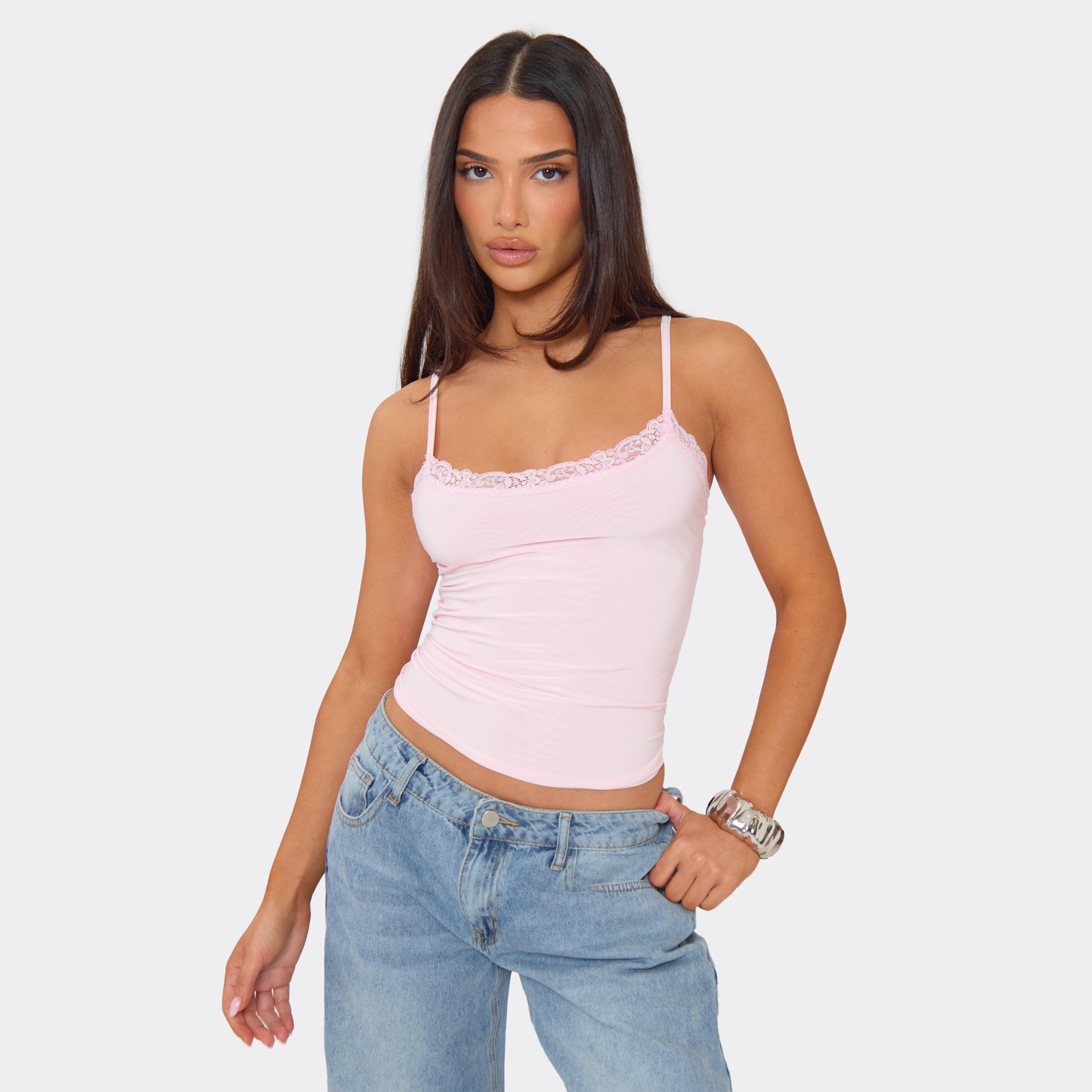 Lace Trim Detail Cami Vest Top In Baby Pink, Women's Size UK 6