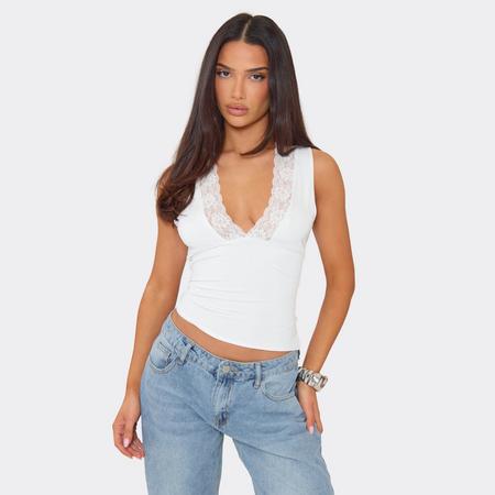 Sleeveless Plunge Front Lace Trim Top In White, Women's Size US
