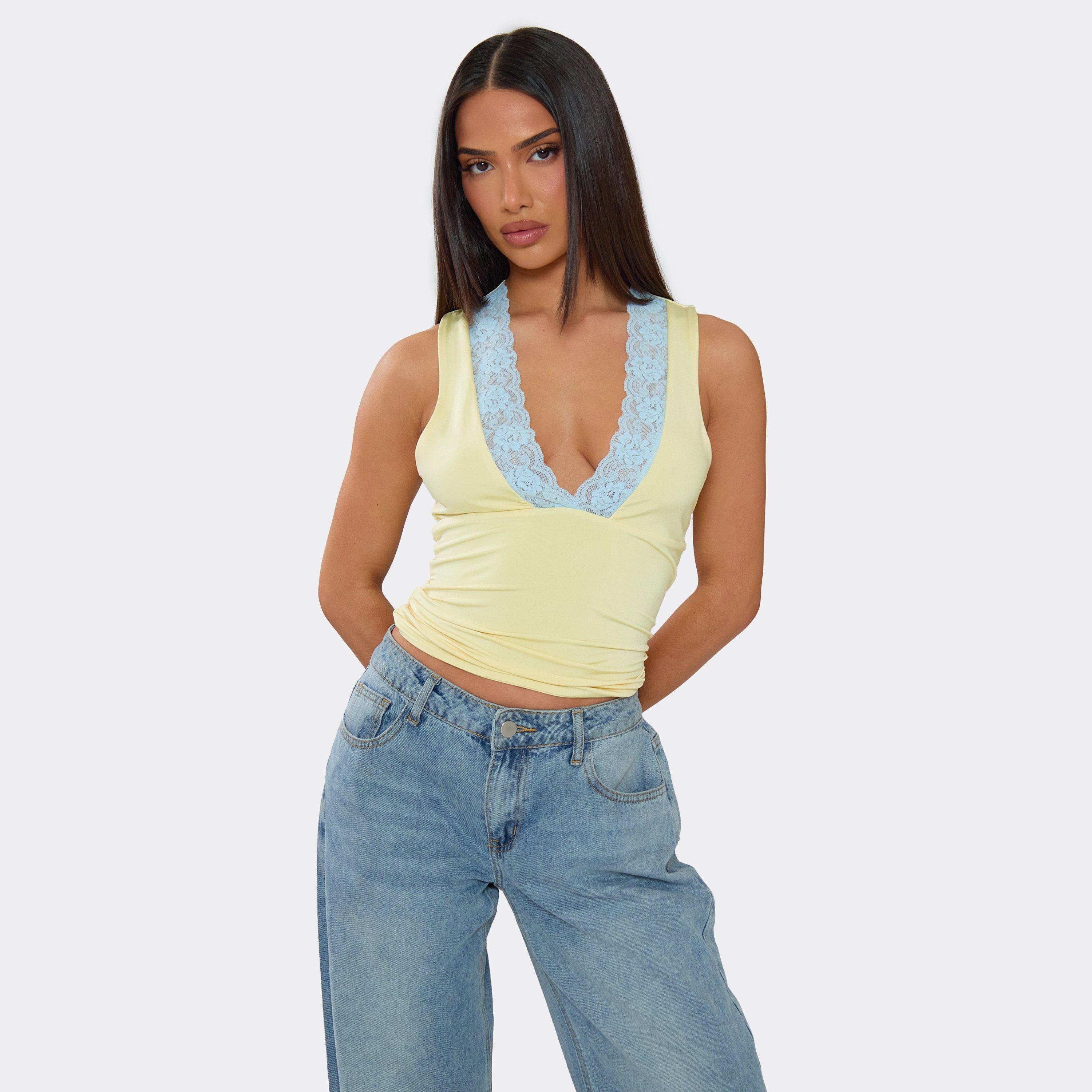 Sleeveless Plunge Front Contrast Lace Trim Top In Lemon, Women's Size UK 8