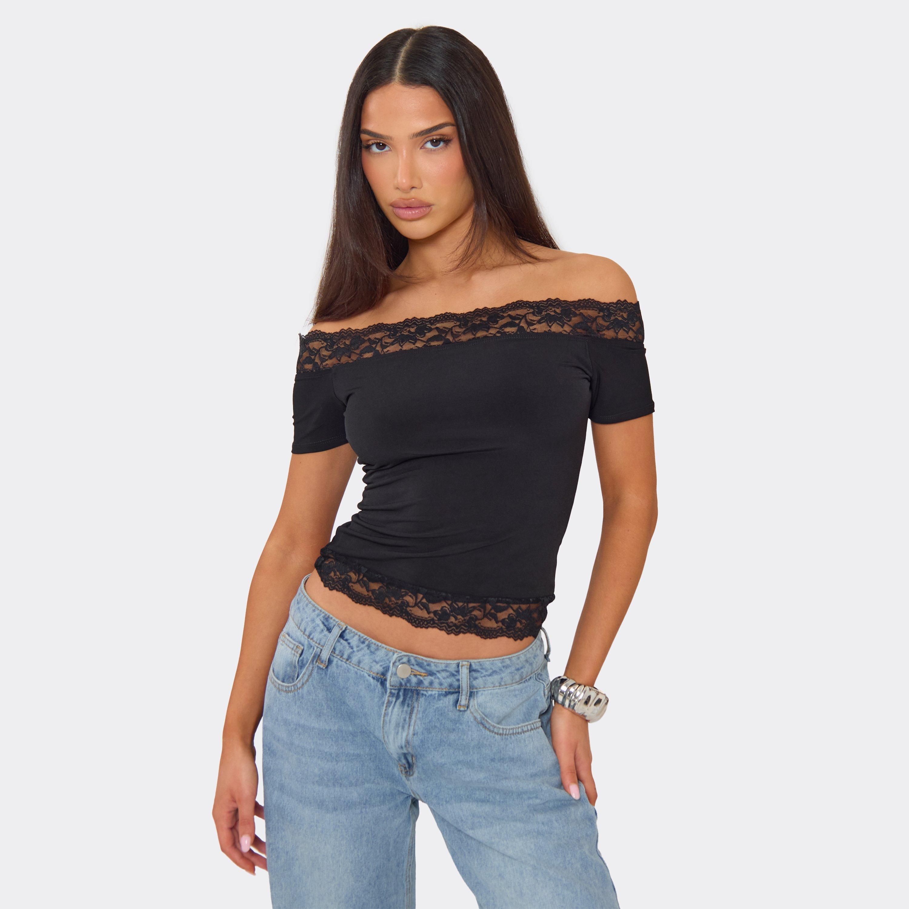 Off The Shoulder Lace Trim Top In Black, Women's Size UK 10