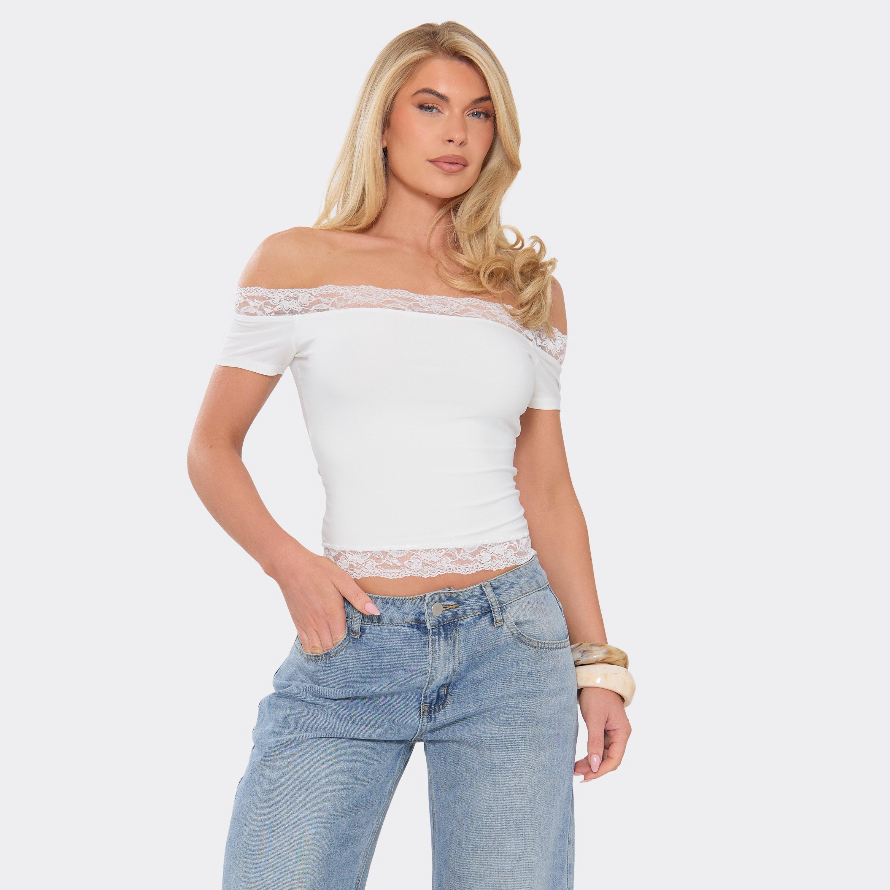 Image of Off The Shoulder Lace Trim Top In White, Women's