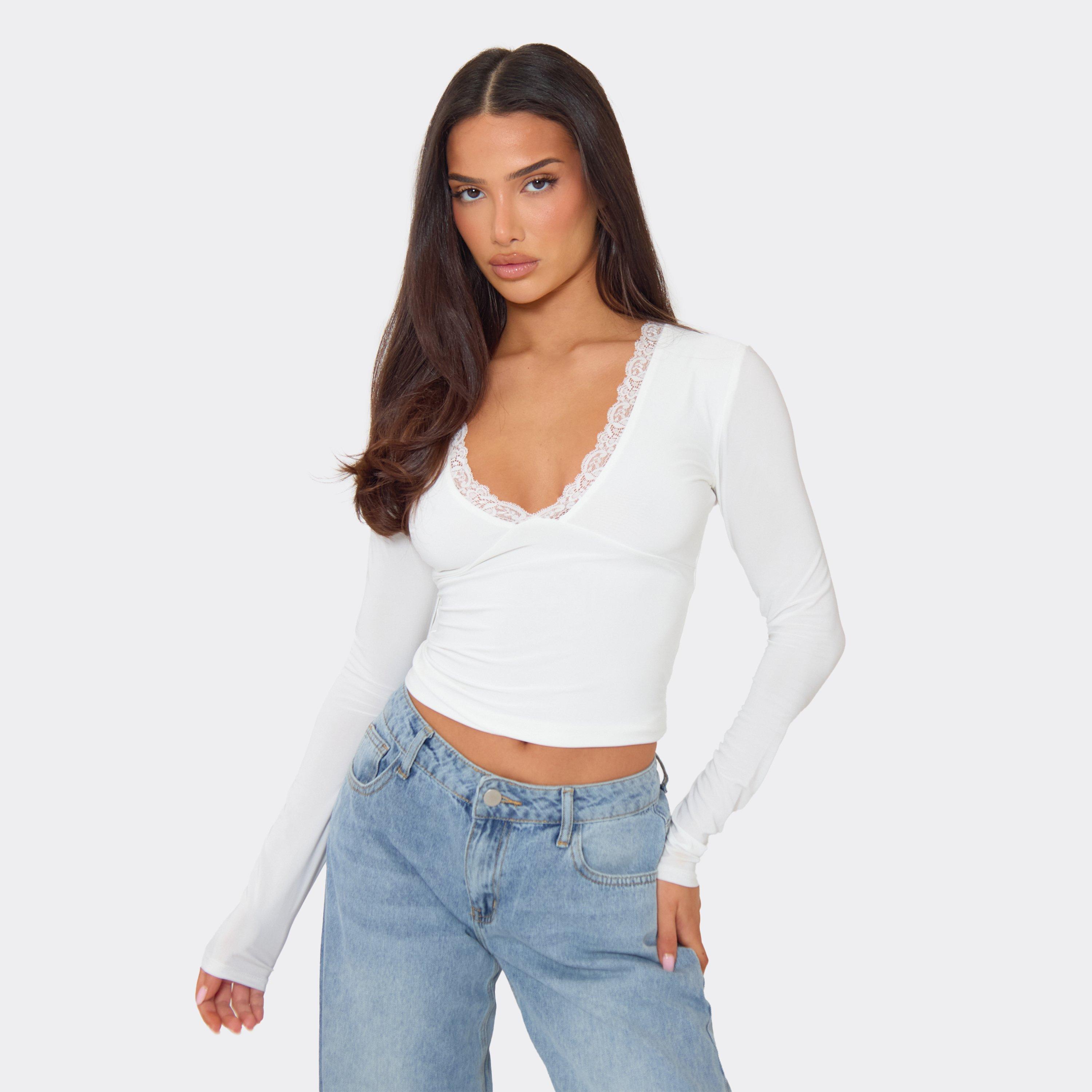 Image of Long Sleeve Plunge Lace Trim Top In White, Women's