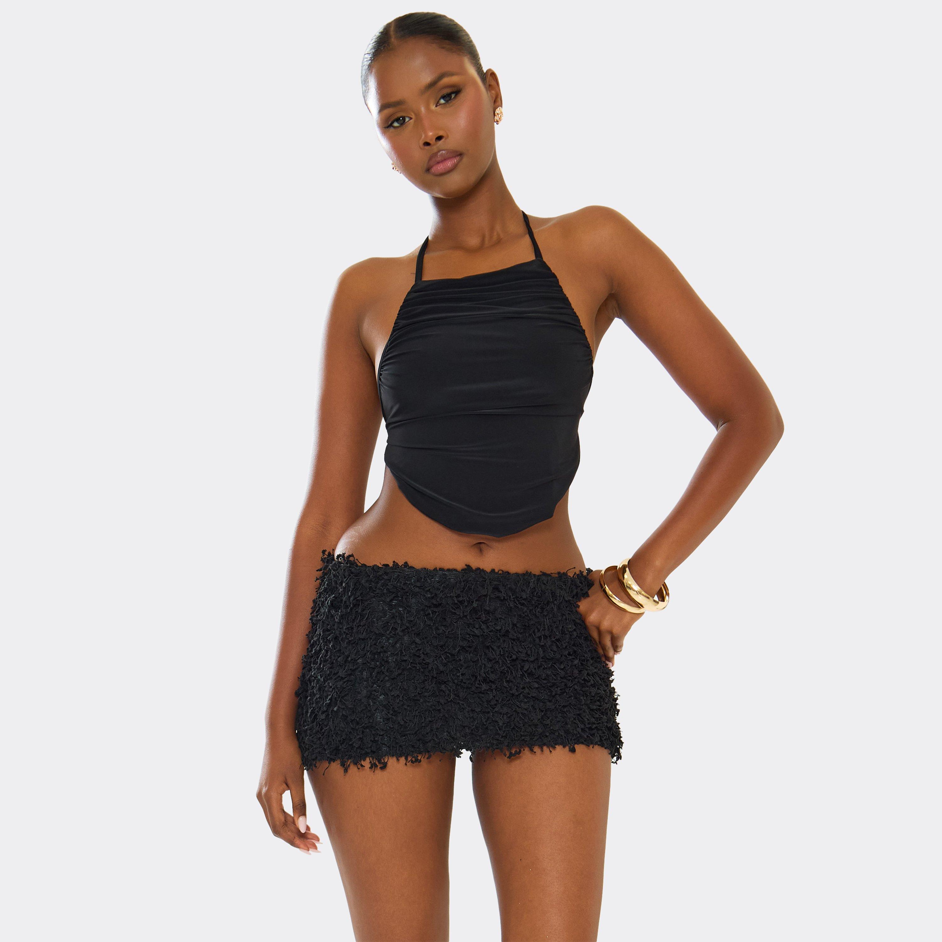 Image of Halterneck Curved Hem Tie Back Detail Top In Black Slinky, Women's