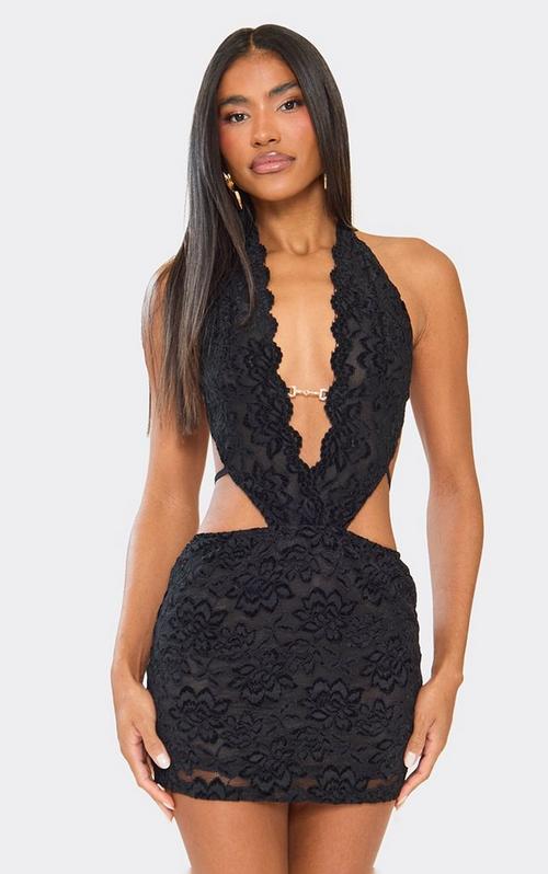 Halterneck Plunge Contrast Lace Detail Mini Dress In Black | EGO US