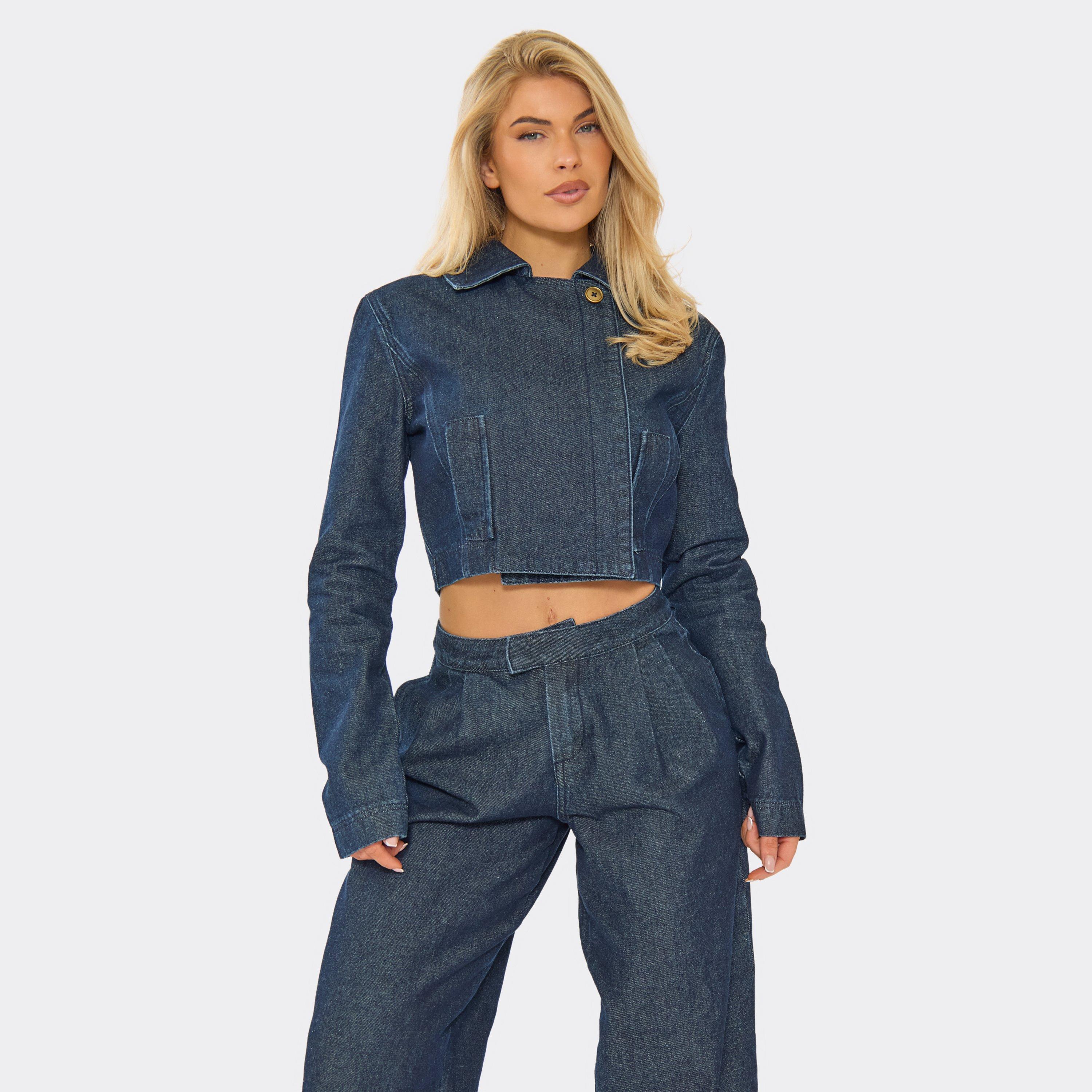 Collared Button Detail Boxy Jacket In Indigo Blue Denim, Women’s