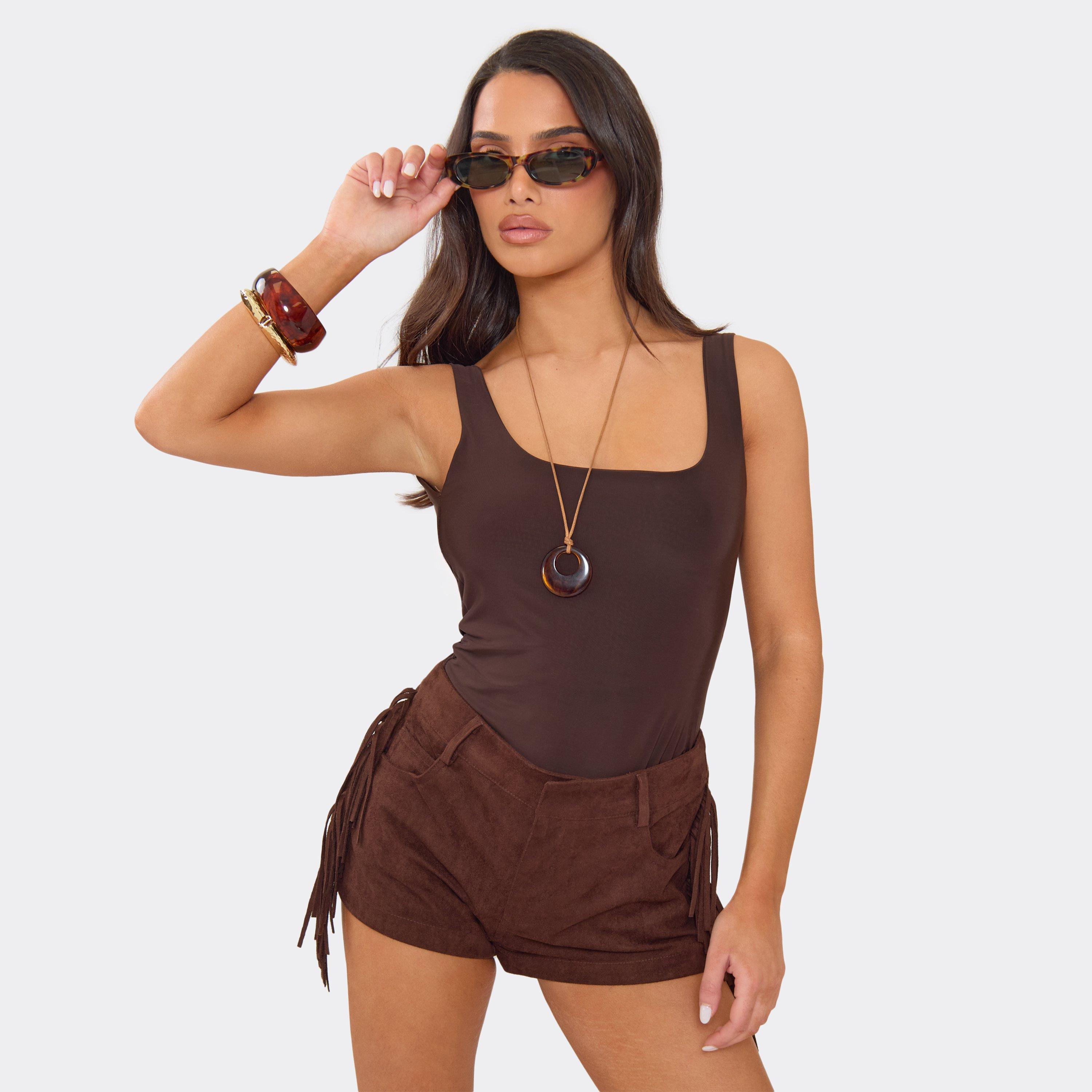 Fringe Side Detail Shorts In Brown Faux Suede, Women's Size UK 12