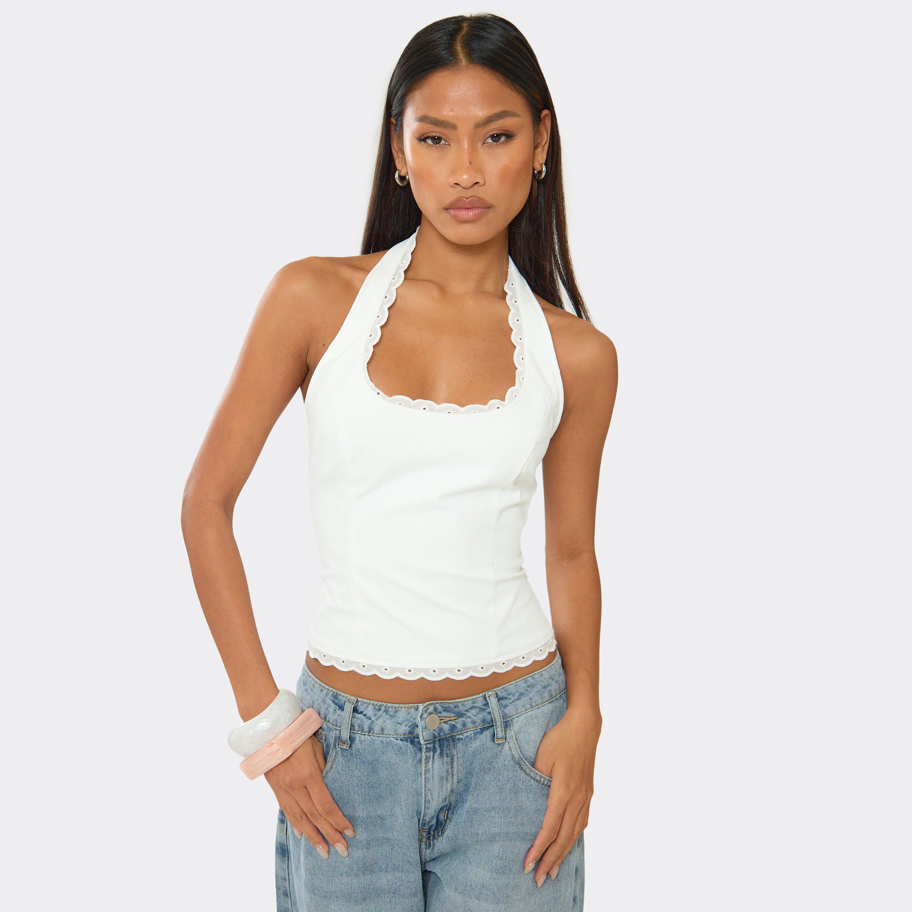 Halter Neck Broderie Trim Detail Top In White, Women's Size UK 6