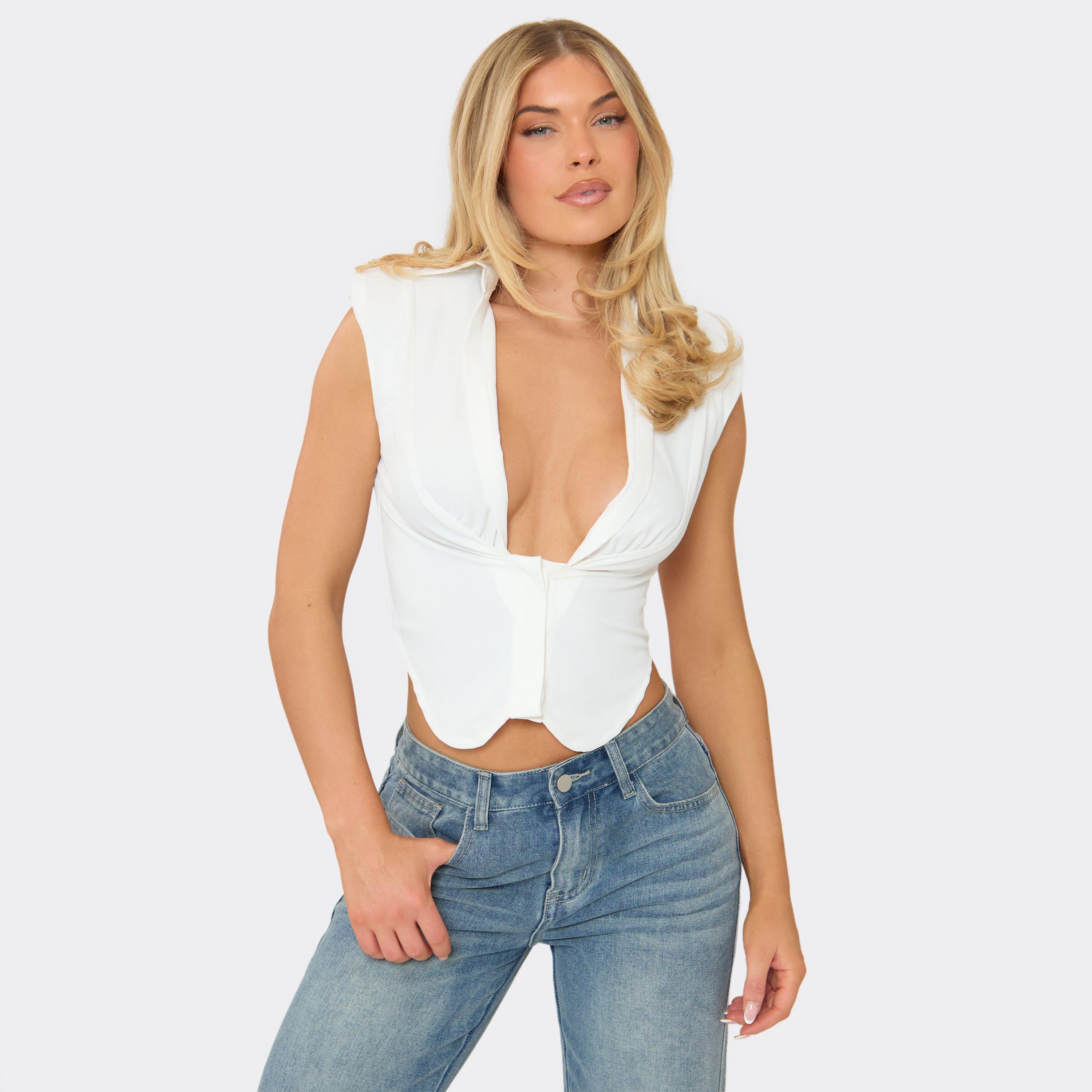 Image of Plunge Front Shoulder Pad Detail Button Up Shirt In White Cotton Poplin, Women's