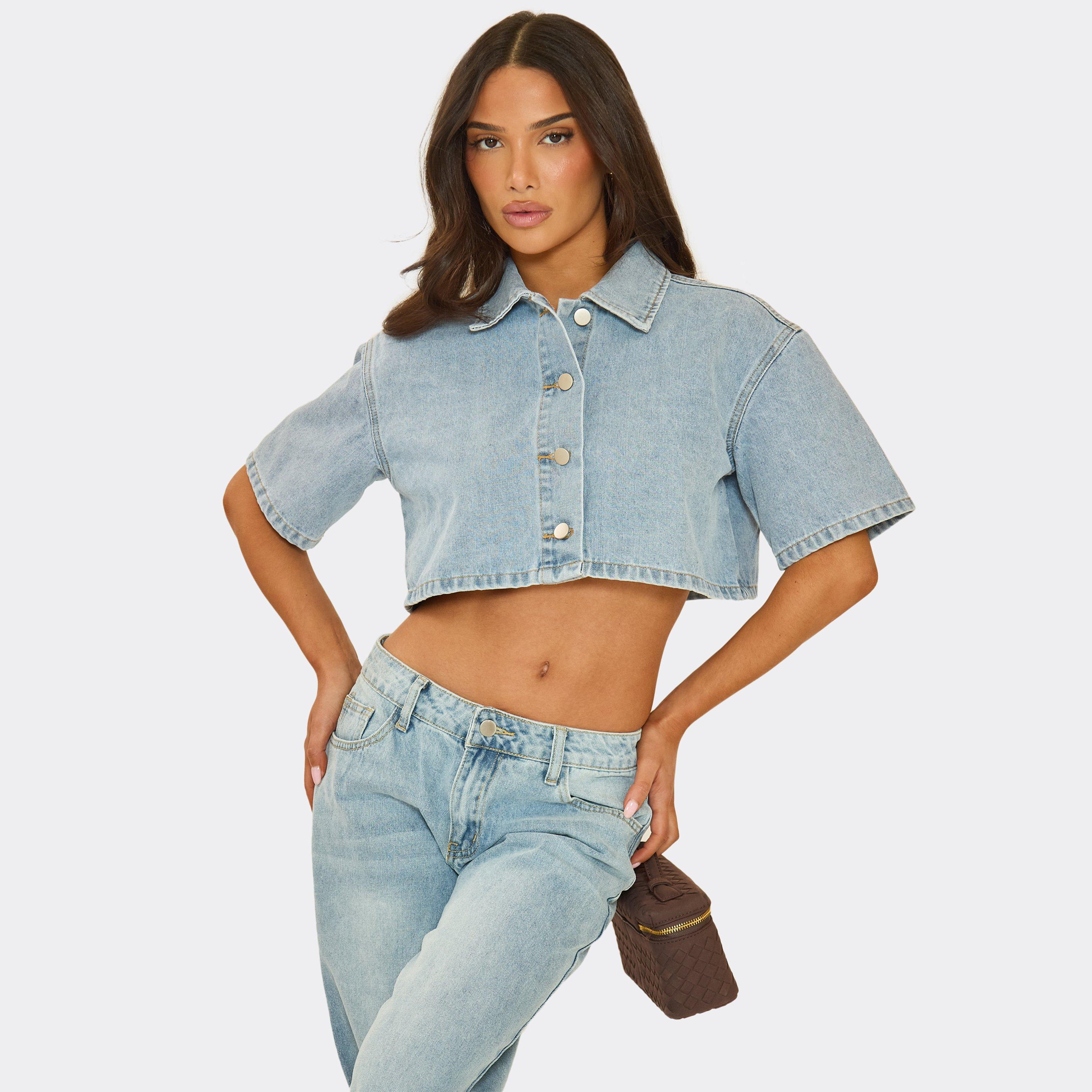 Image of Short Sleeve Button Front Crop Top In Light Blue Denim, Women's
