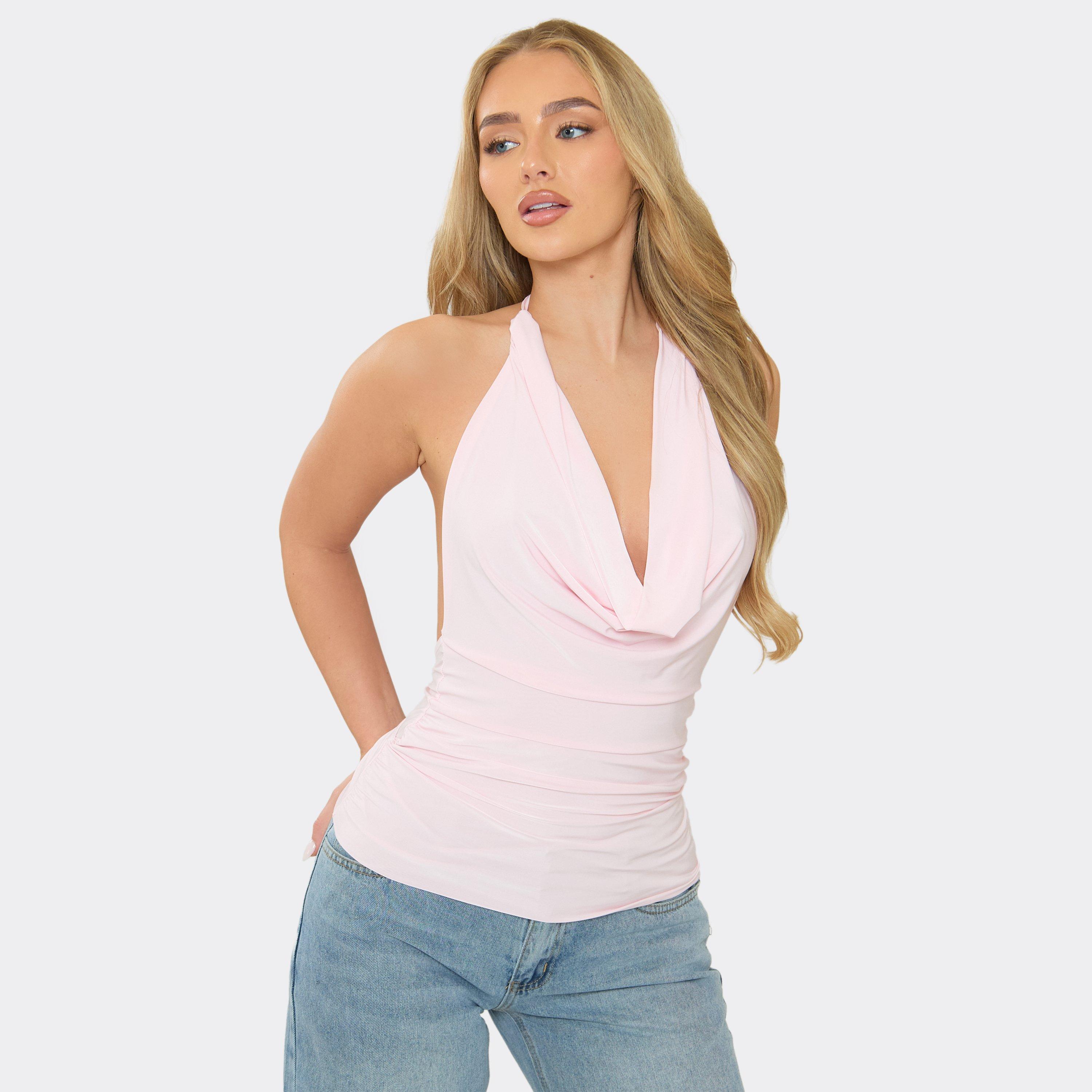 Image of Halterneck Cowl Front Detail Top In Baby Pink, Women's