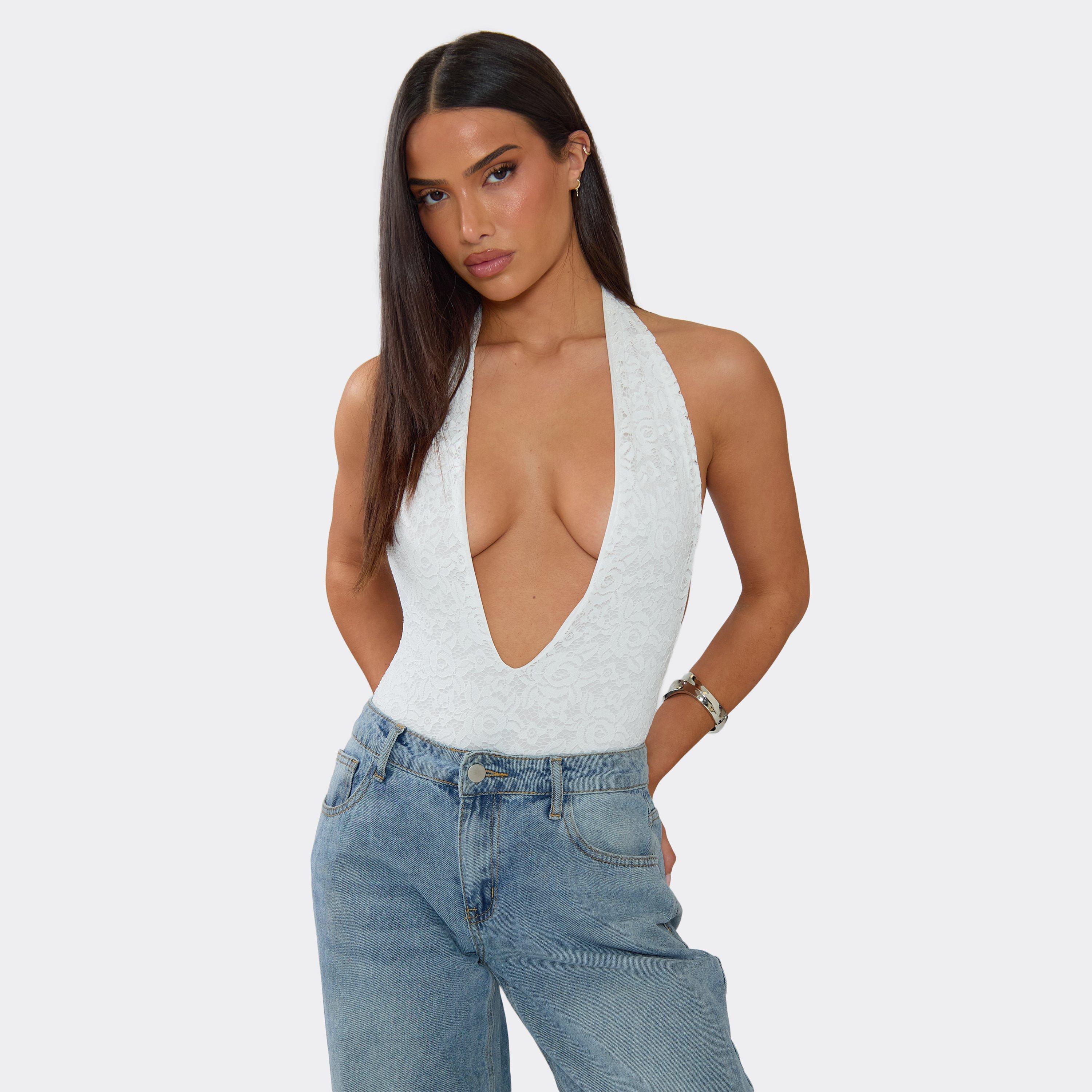 Plunge Halterneck Bodysuit In White Lace, Women’s