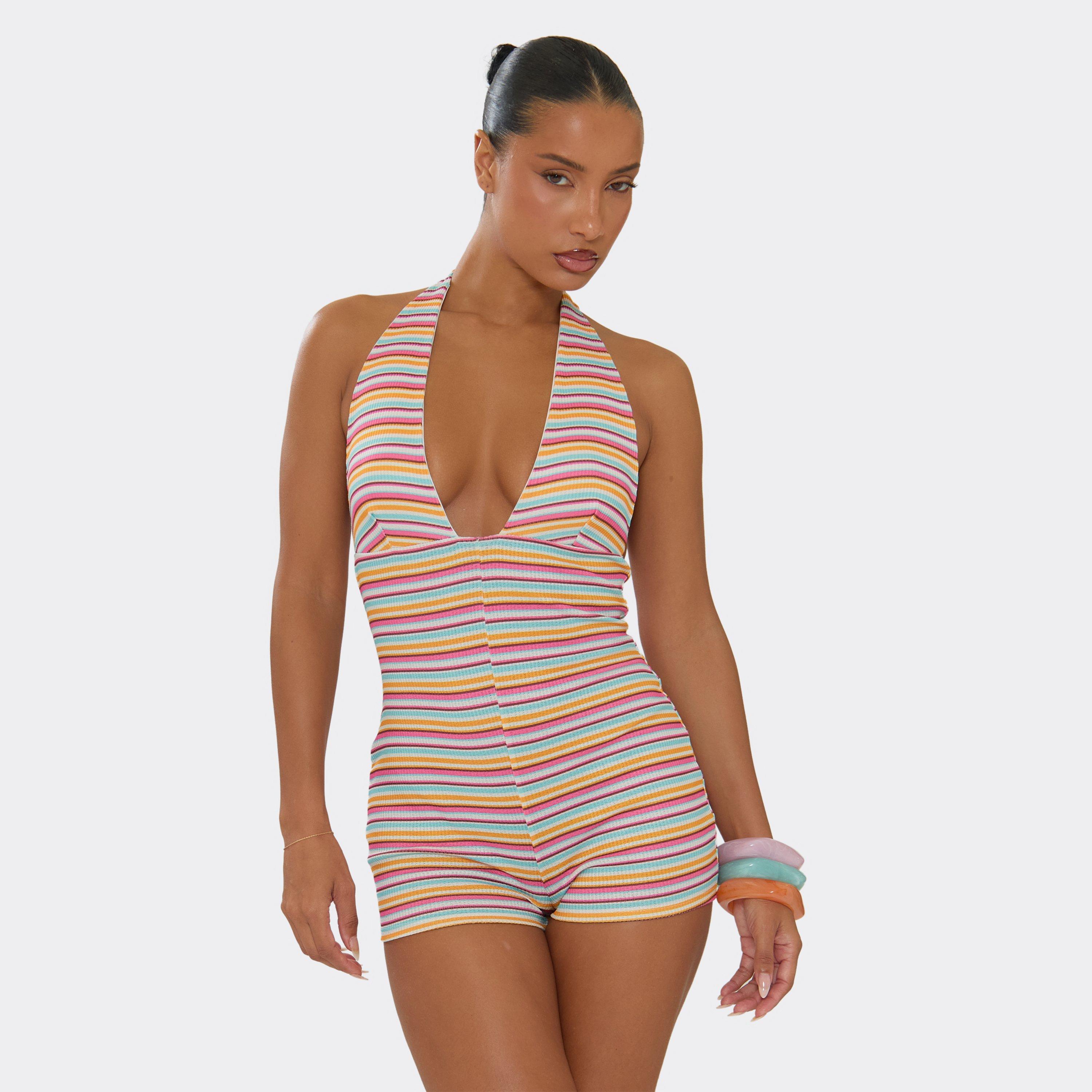 Image of Halterneck Playsuit In Multi Stripe, Women's