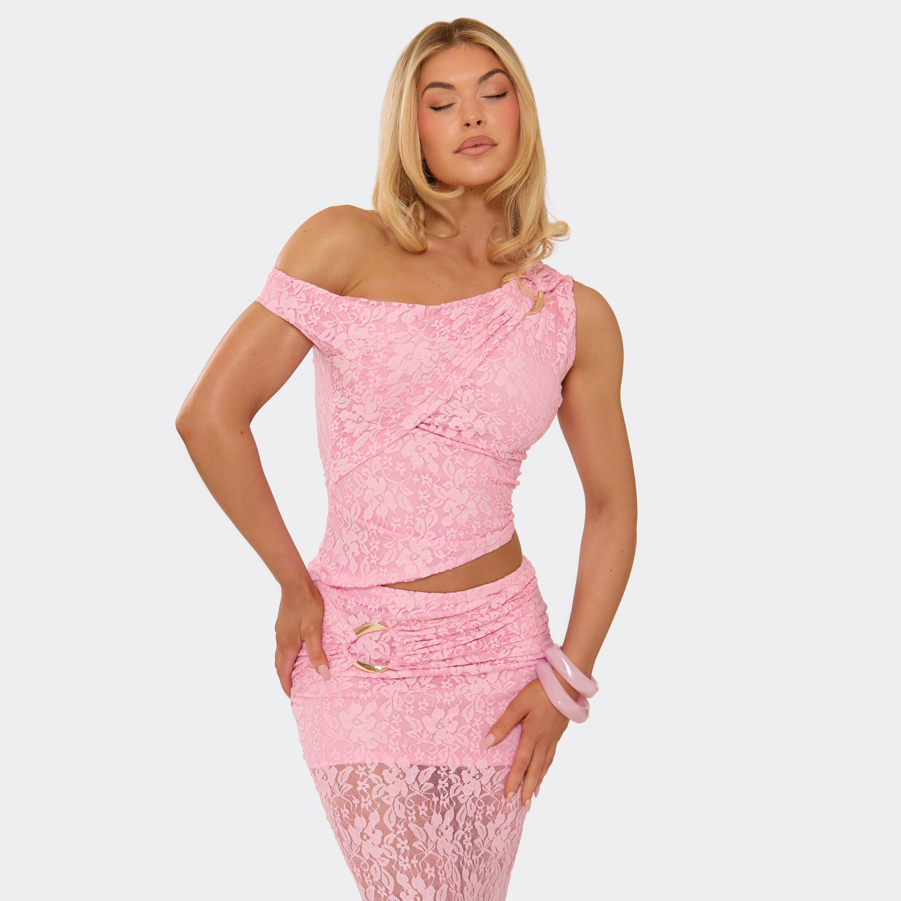 Off The Shoulder Asymmetric Trim Detail Top In Pink Lace, Women’s