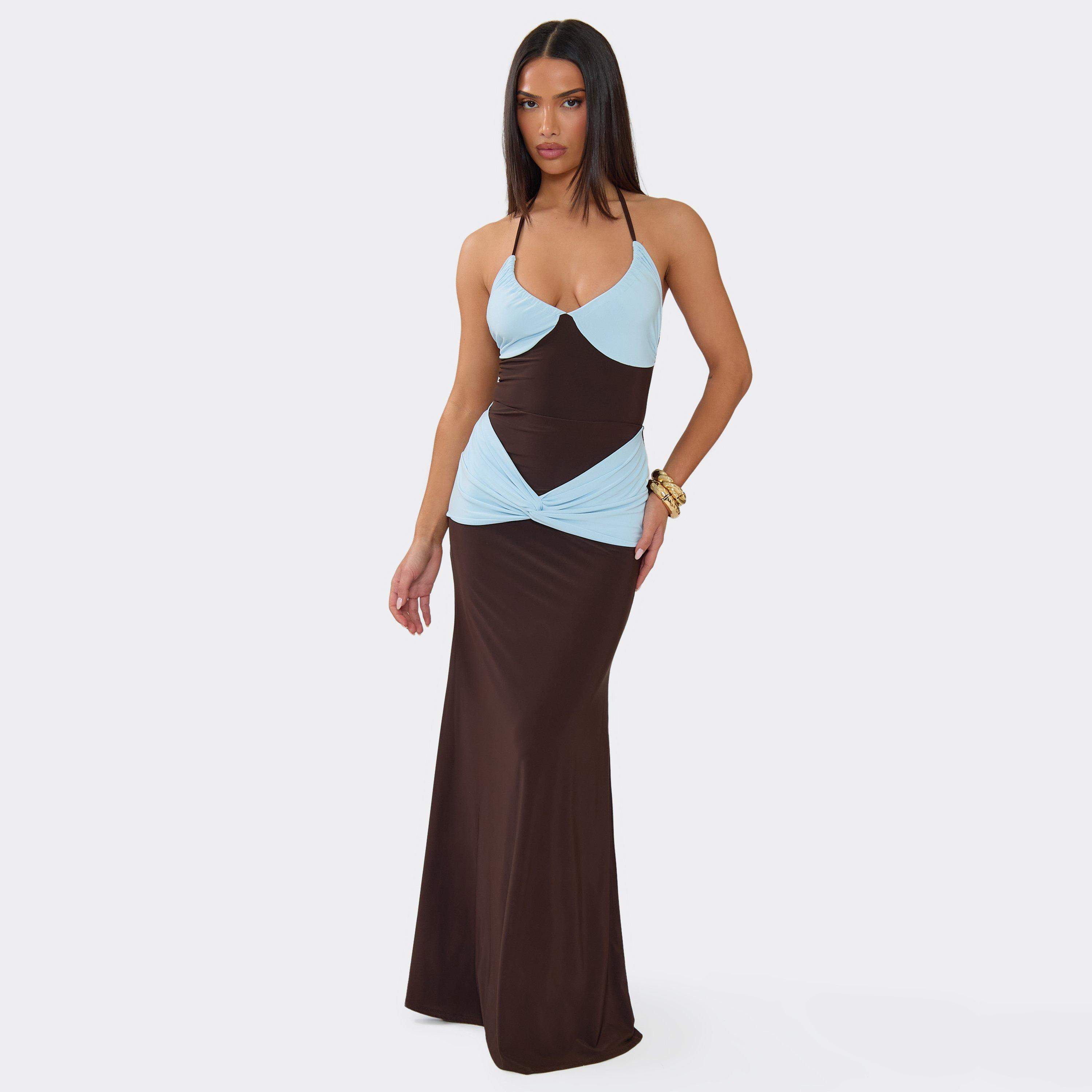 Contrast Knot Panel Detail Maxi Skirt In Brown, Women's Size UK 12