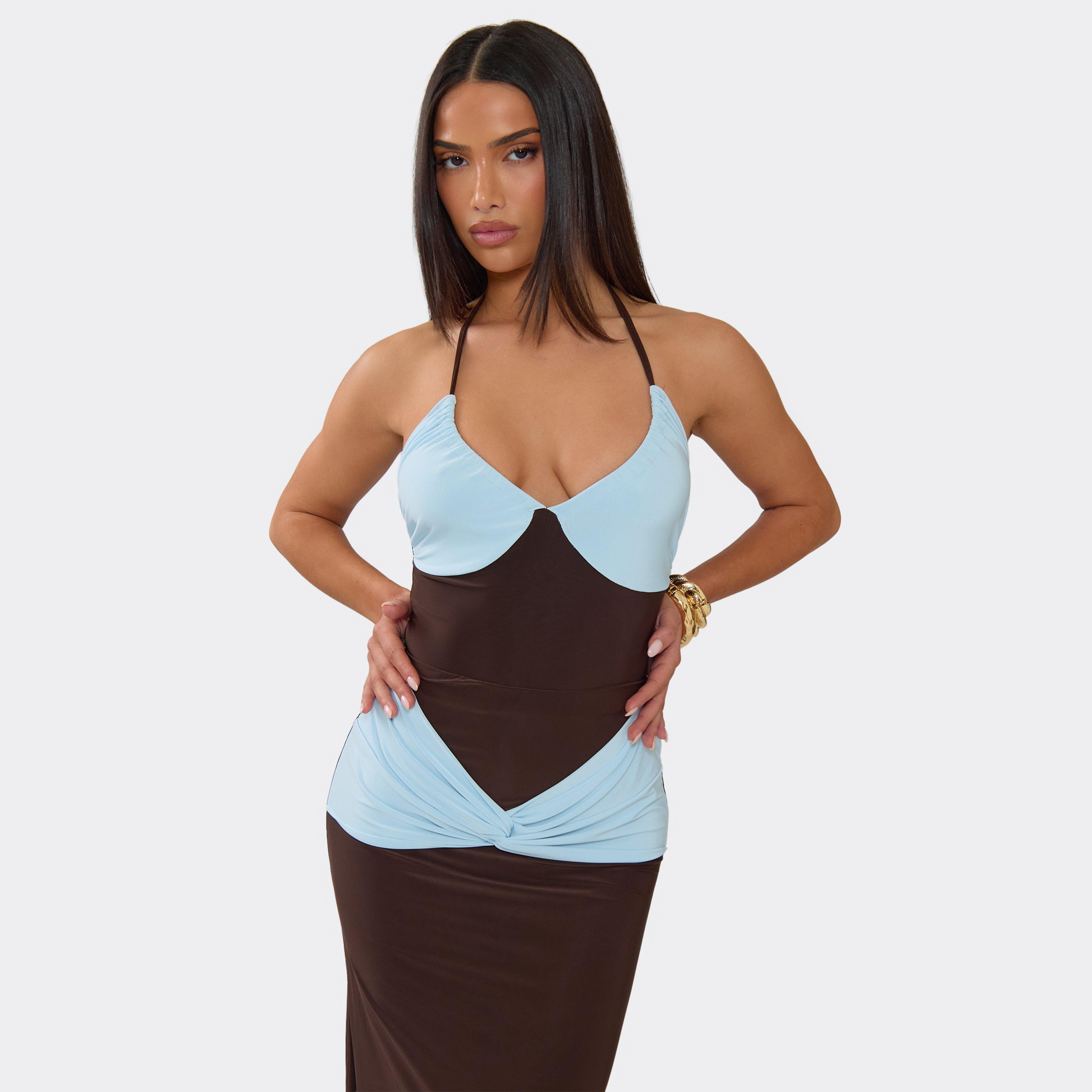 Halterneck Contrast Bust Bodysuit In Brown, Women’s