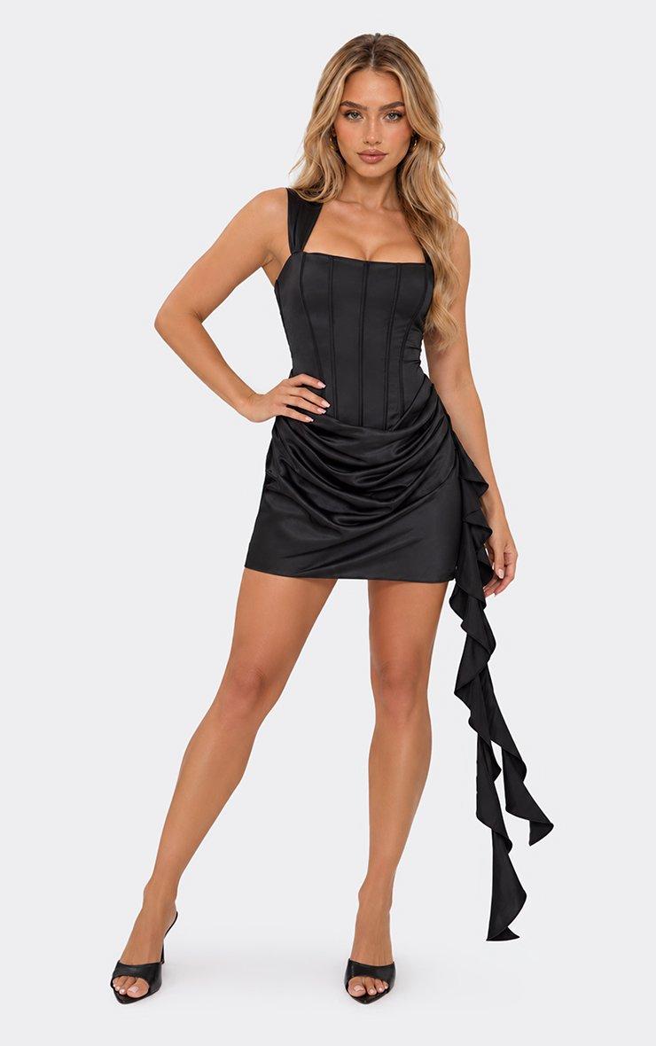 Square Neck Corset Ruched Drape Detail Mini Dress In Black Satin.
