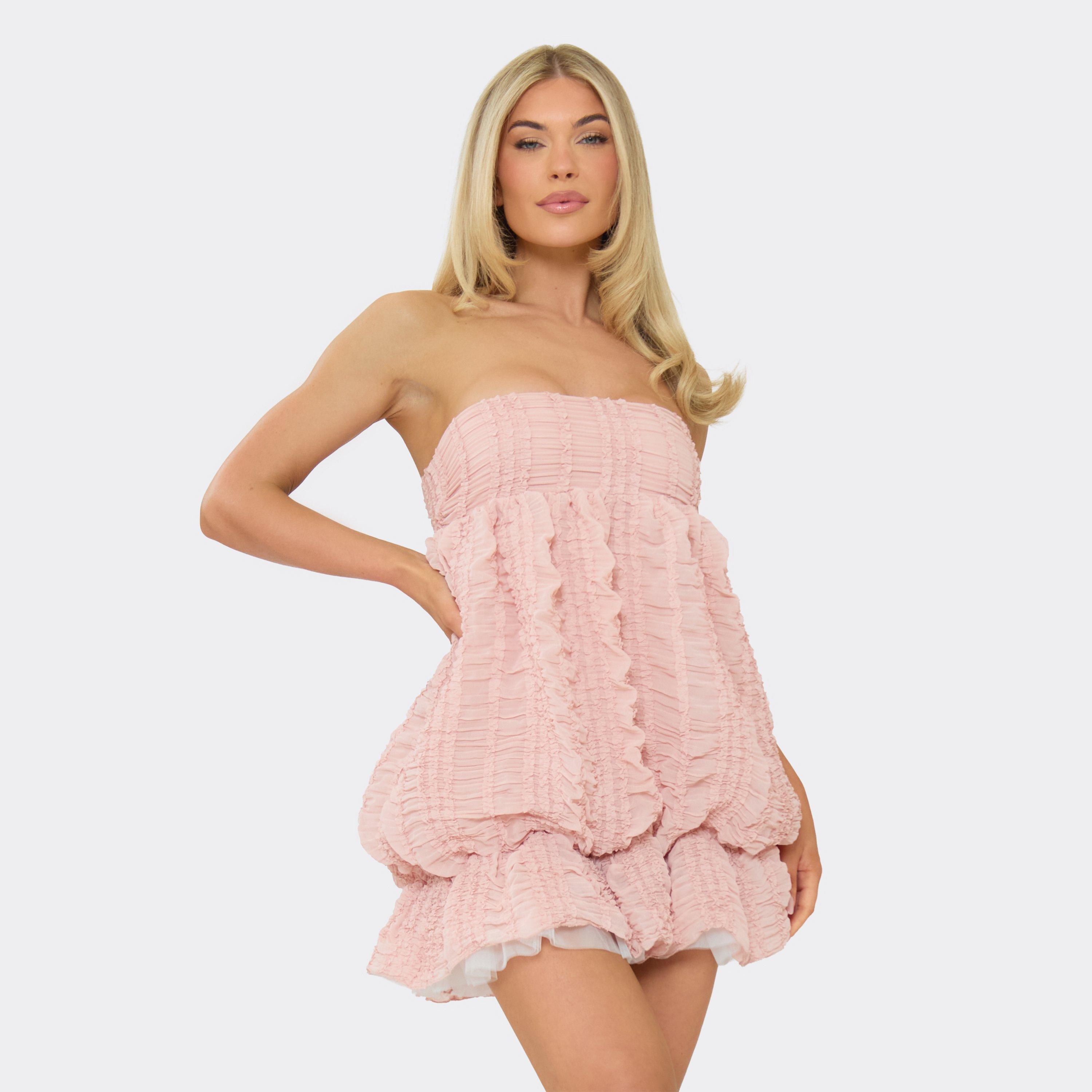 Bandeau Puffball Ruffle Detail Mini Dress In Pink Textured, Women’s