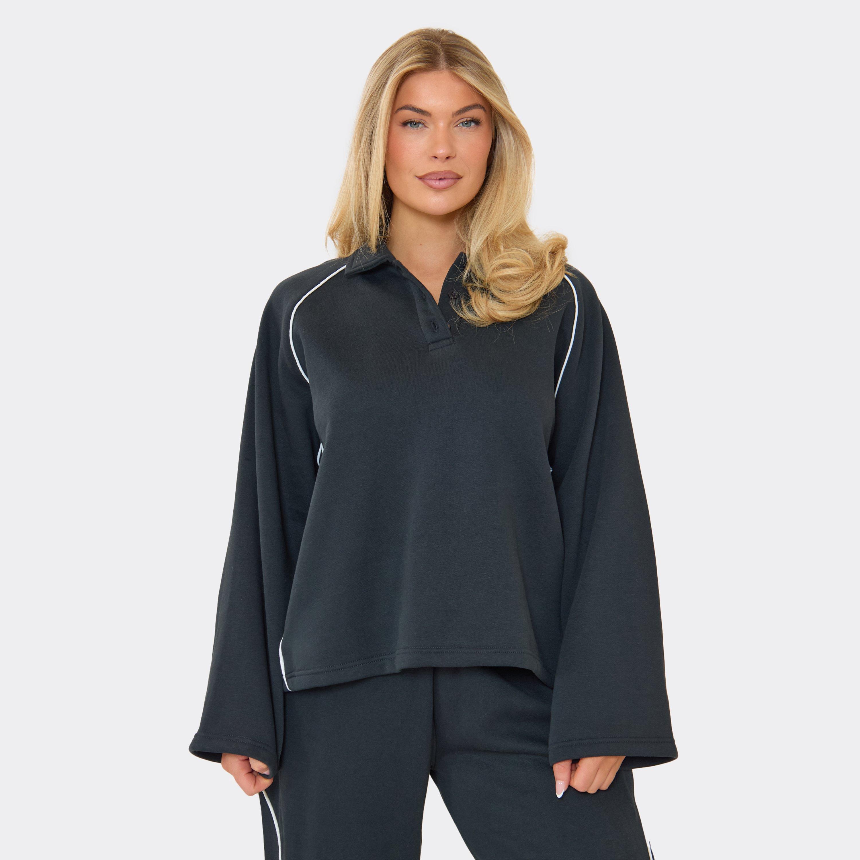 Contrast Stripe Button Up Polo Sweatshirt In Navy Blue, Women's Size UK 6