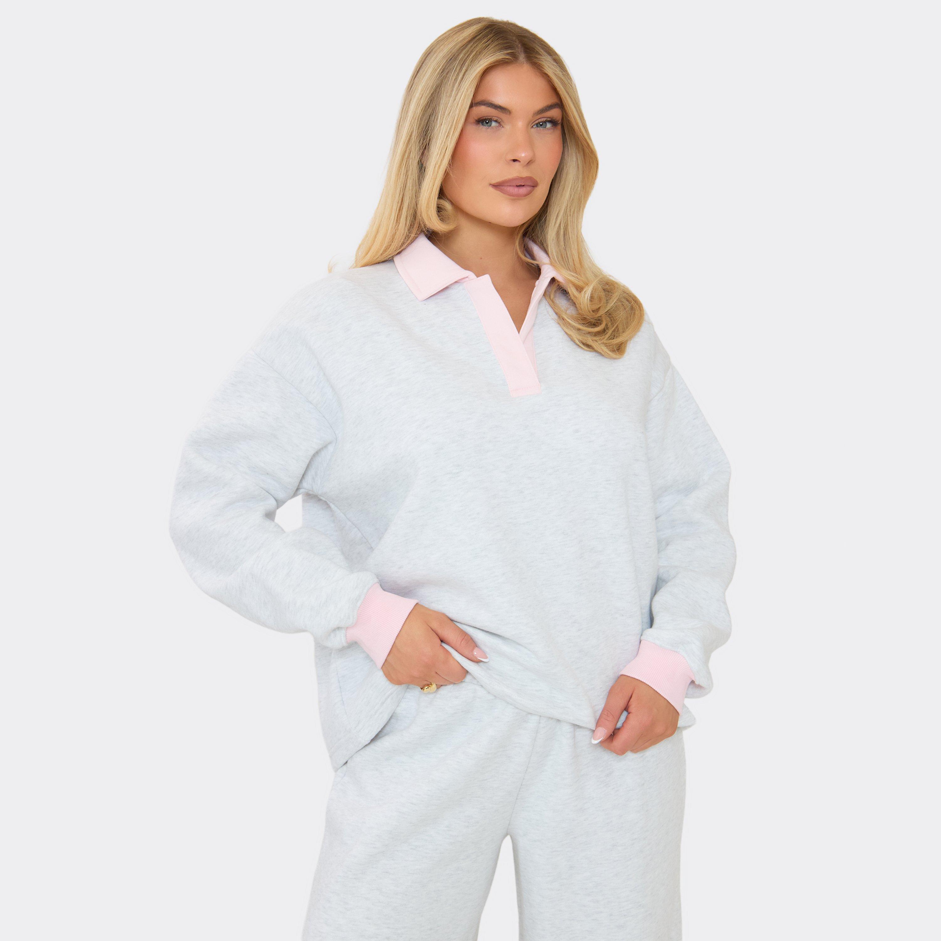 Button Up Contrast Detail Polo Sweatshirt In Light Grey Marl, Women's Size UK 14