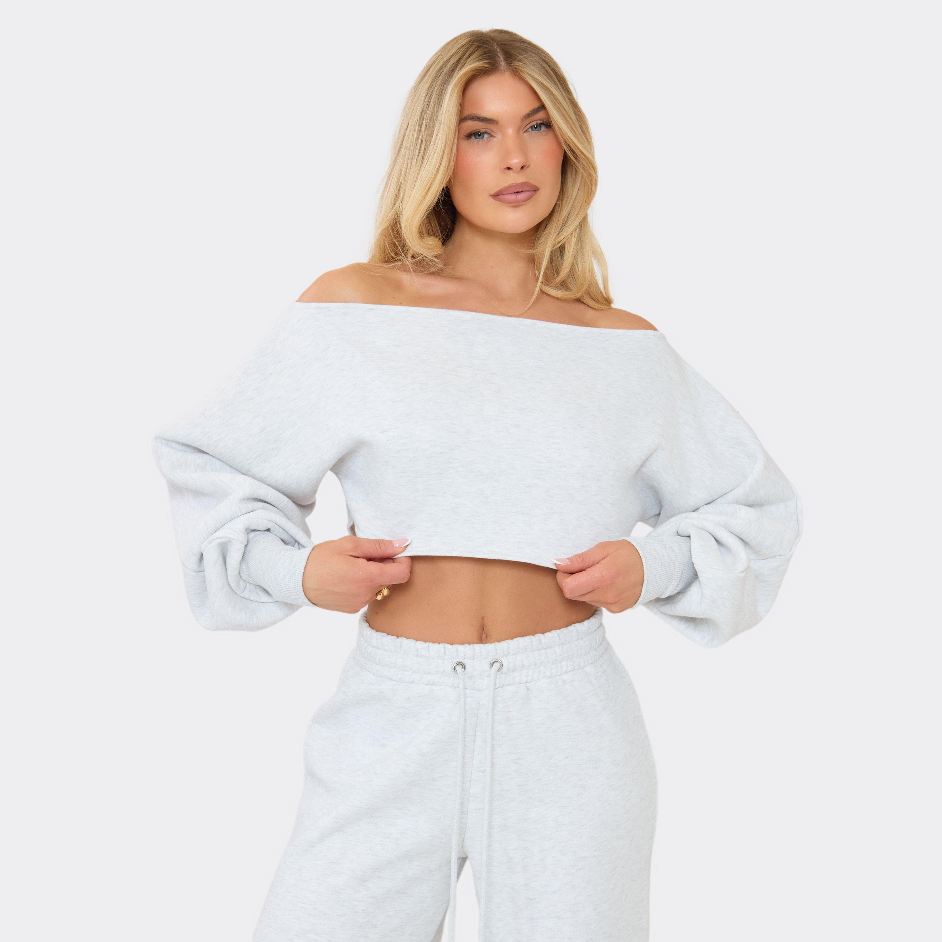 Image of Long Sleeve Off The Shoulder Sweatshirt In Light Grey Marl, Women's