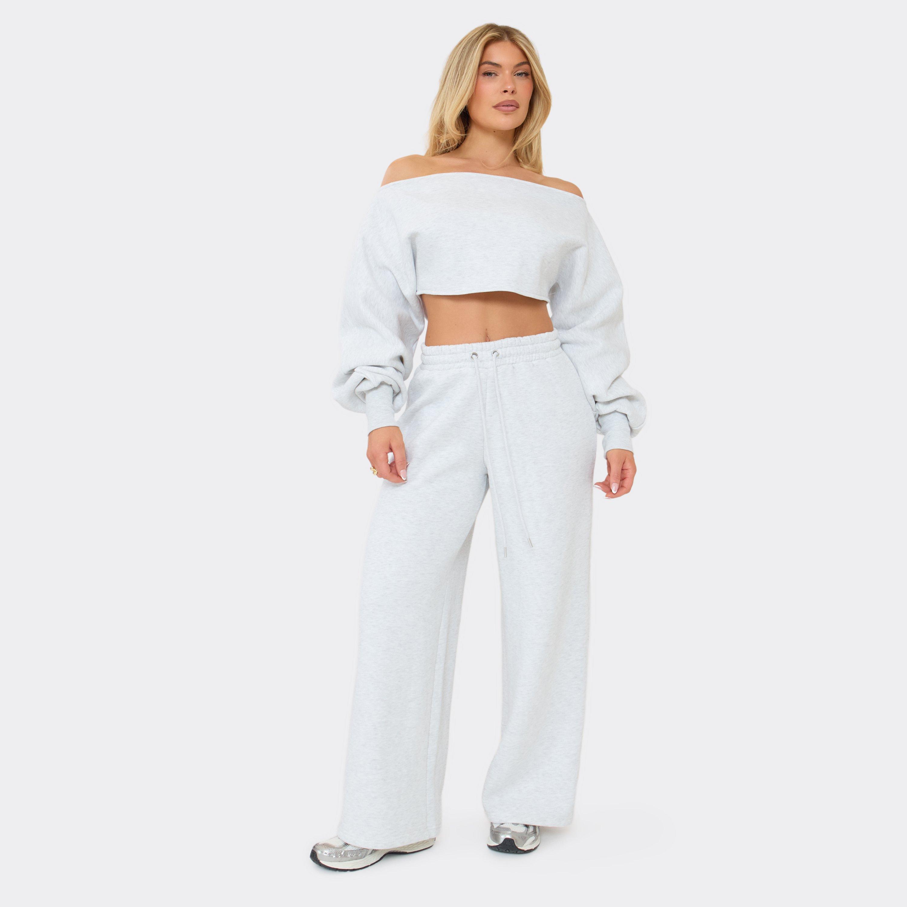 Mid Rise Tie Waist Detail Wide Leg Joggers In Light Grey Marl, Women’s