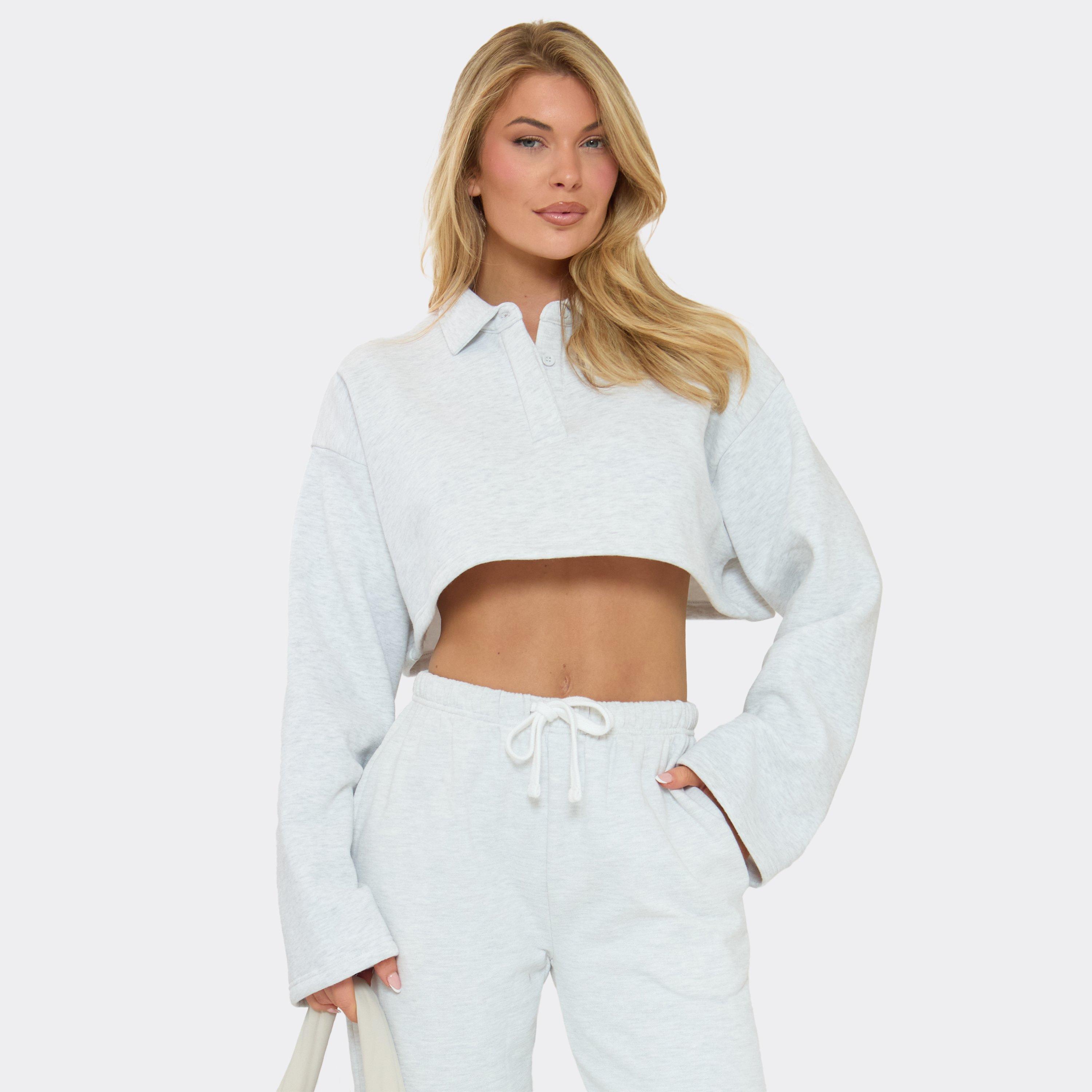 Image of Collar Button Up Cropped Polo Sweatshirt In Light Grey Marl, Women's