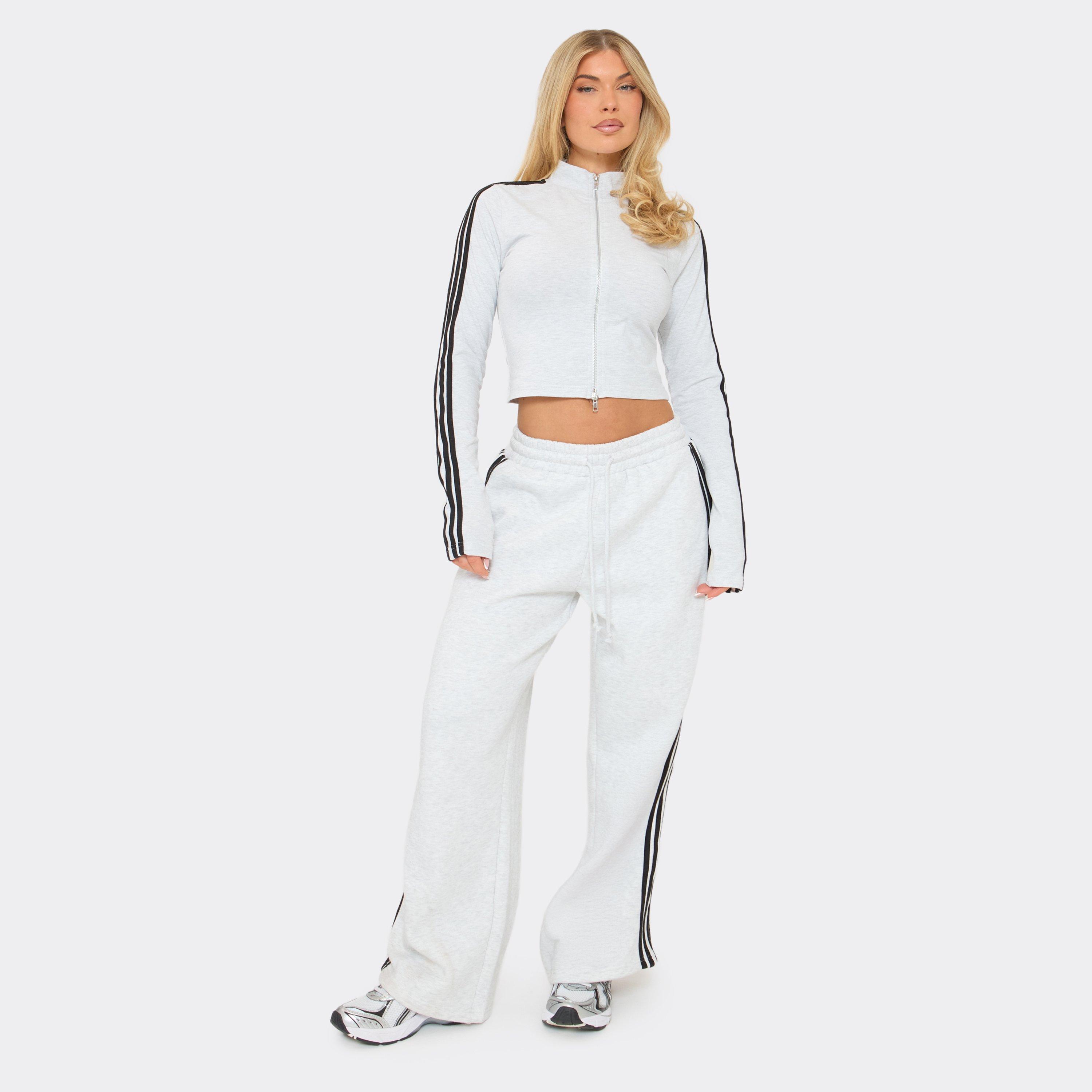 Mid Rise Tie Waist Detail Contrast Stripe Wide Leg Jogger In Grey Marl, Women’s