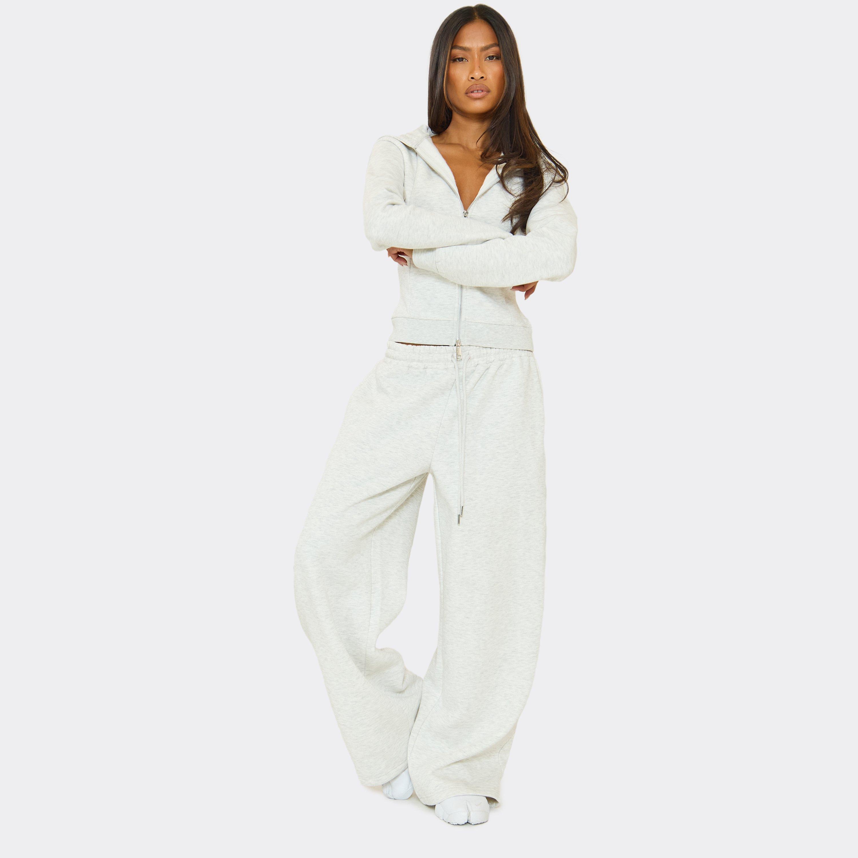 Drawstring Waist Wide Leg Fit Joggers In Light Grey Marl, Women’s