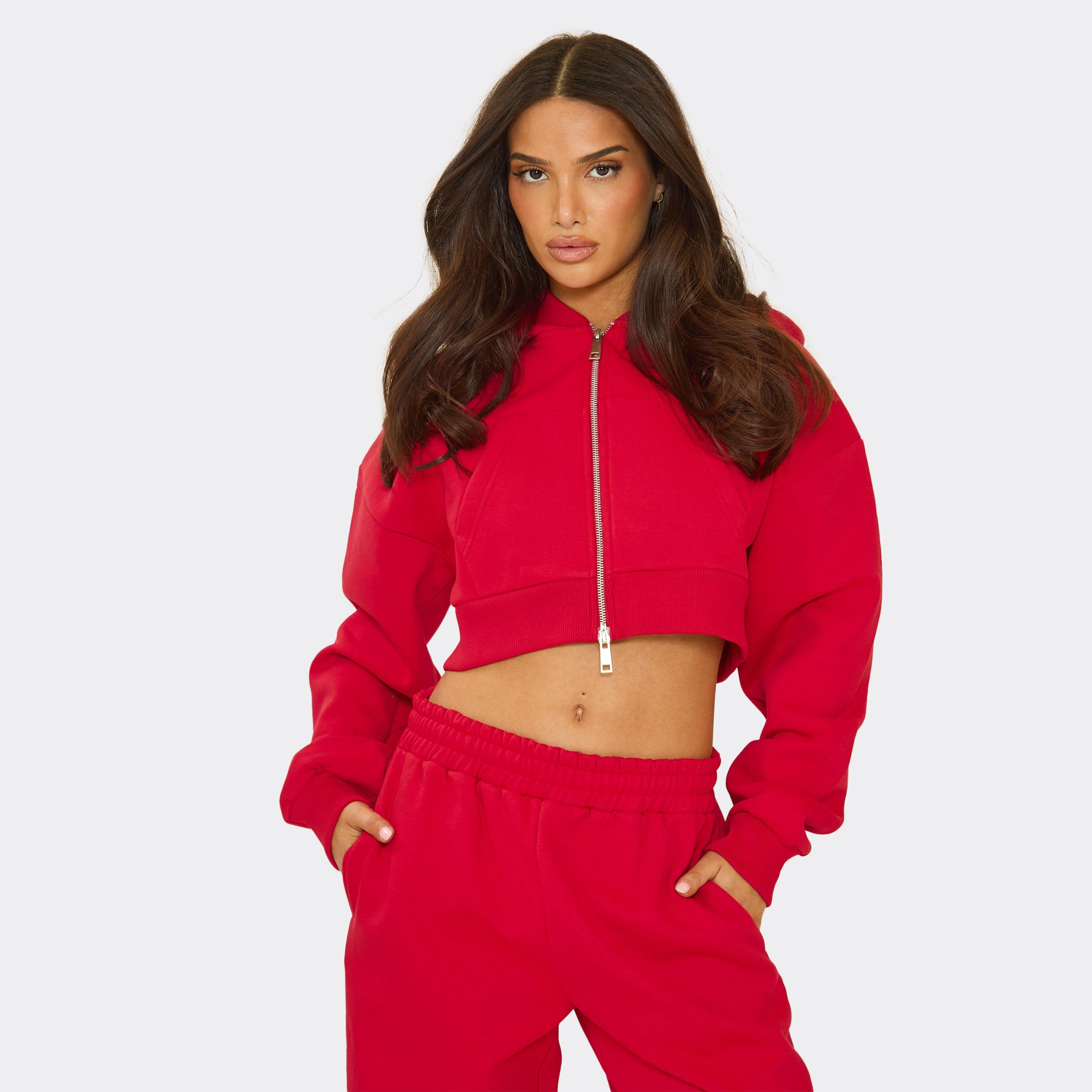Long Sleeve Zip Up Cropped Jacket In Red, Women’s