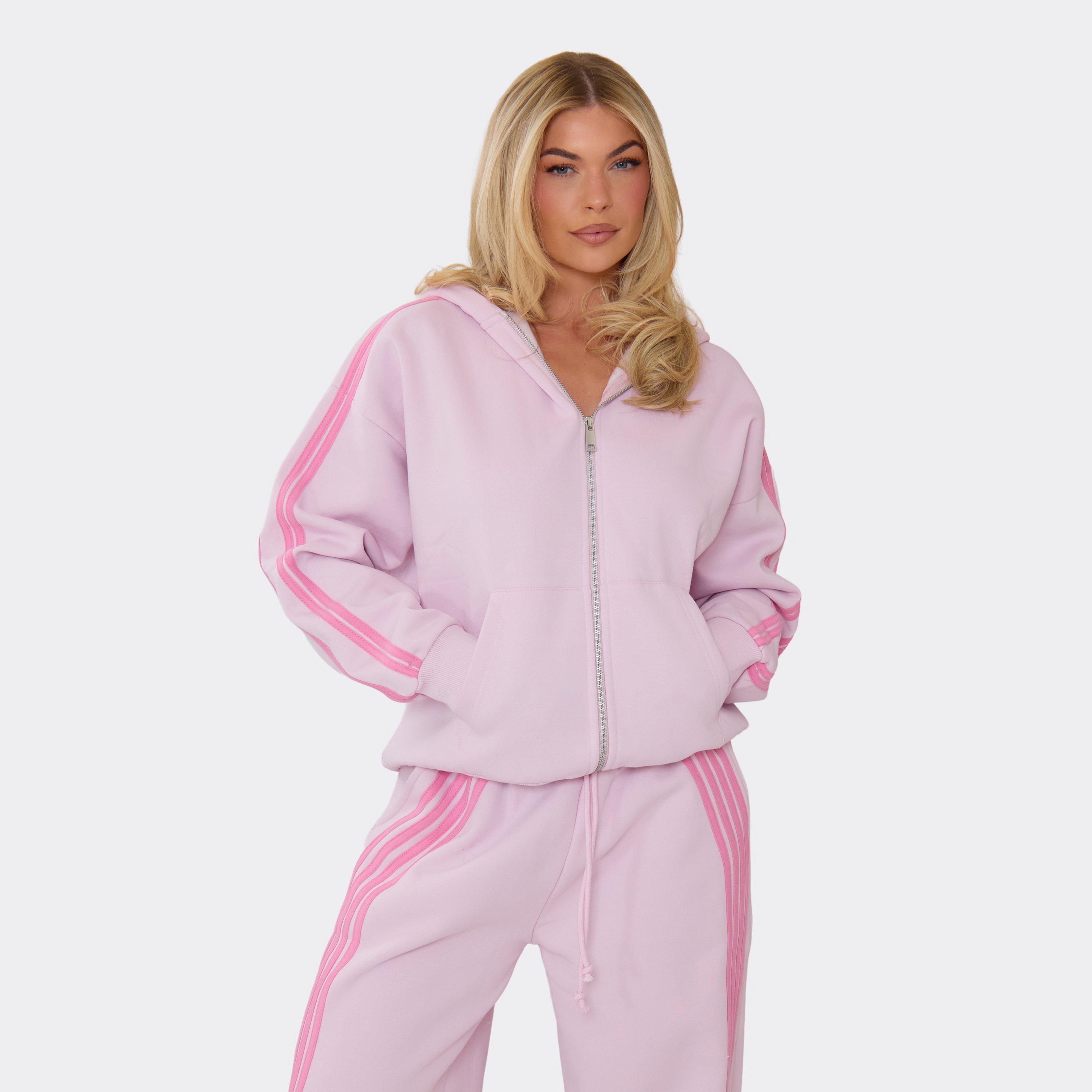 Heavyweight Oversized Contrast Stripe Zip-Up Detail Jacket In Pink, Women's Size UK 8