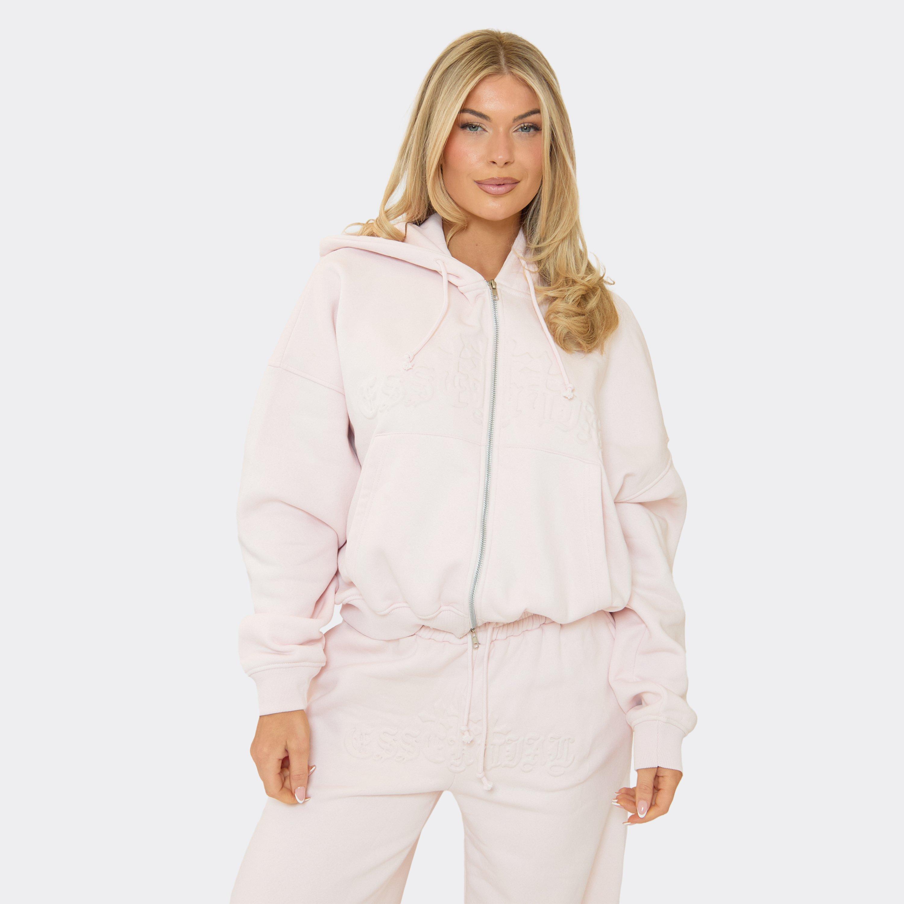 Embossed Graphic Detail Zip Up Front Oversized Hoodie In Pink, Women’s