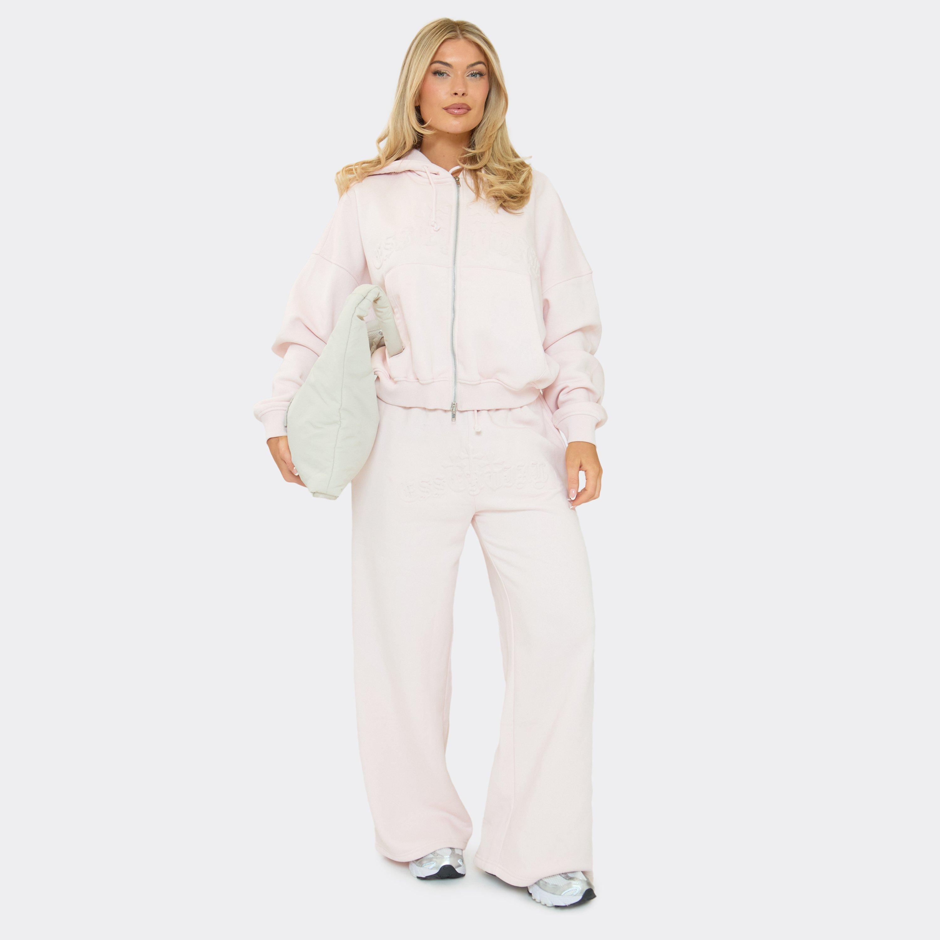 Drawstring Waist Embossed Graphic Detail Wide Leg Joggers In Pink, Women’s