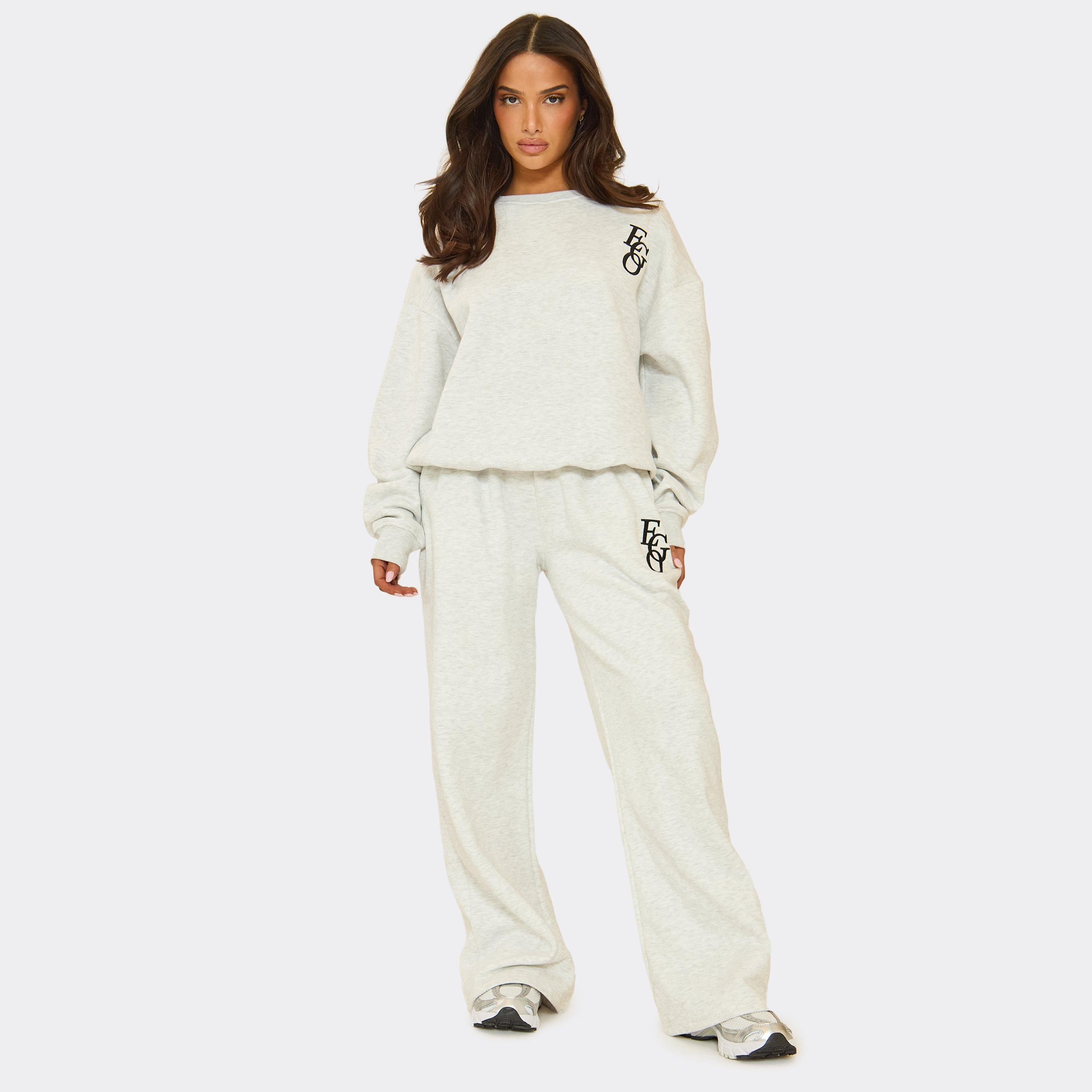 Mid Rise Graphic Detail Straight Leg Joggers In Light Grey Marl, Women’s