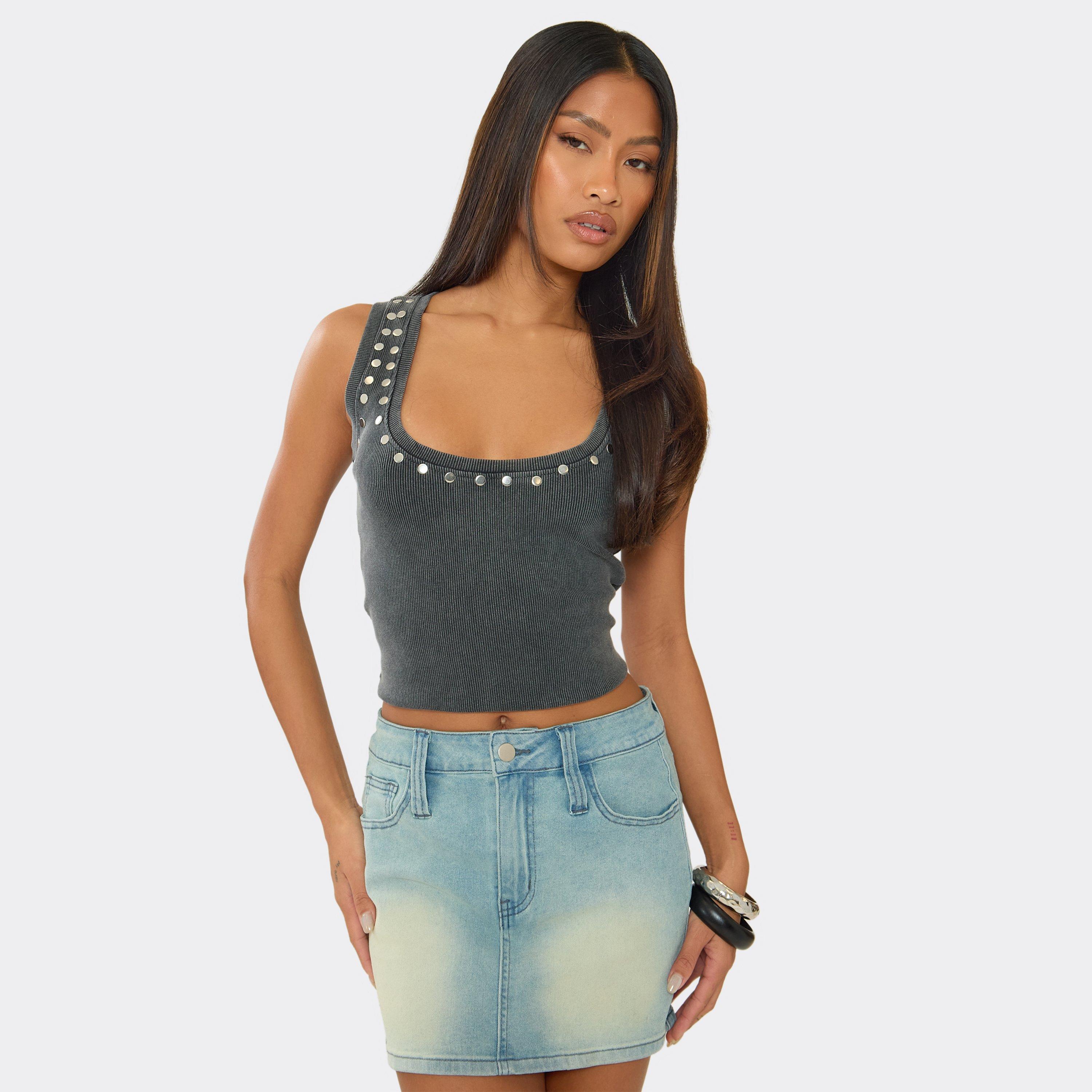 Image of Scoop Neck Stud Detail Vest Top In Washed Grey Rib, Women's
