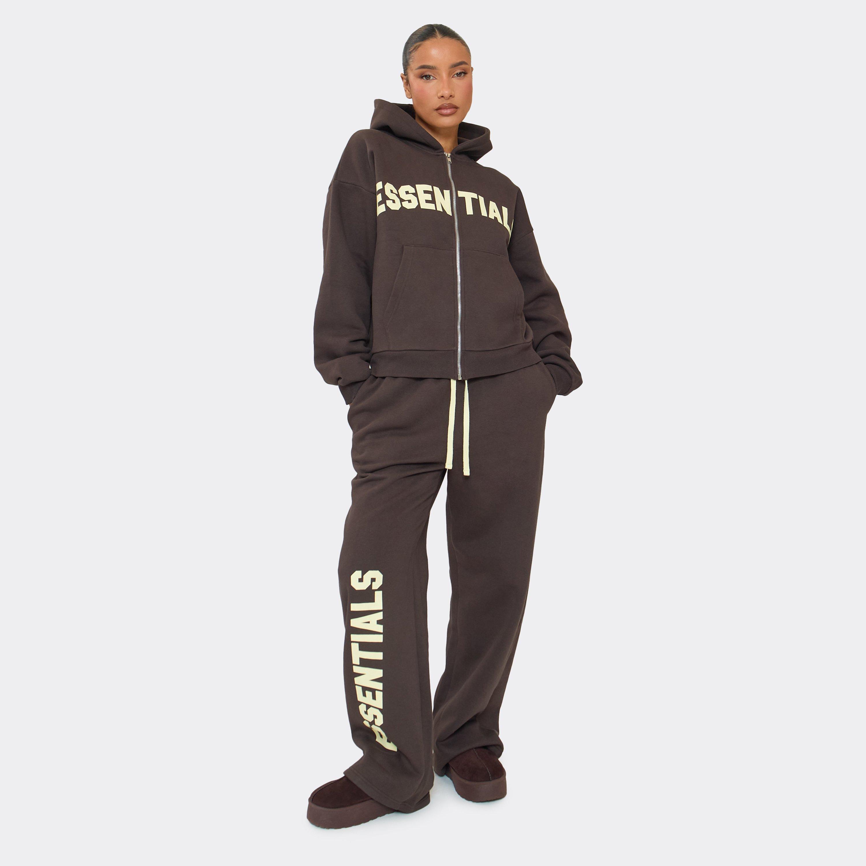 Low Rise Drawstring Yellow Essential Graphic Wide Leg Joggers In Chocolate Brown, Women’s