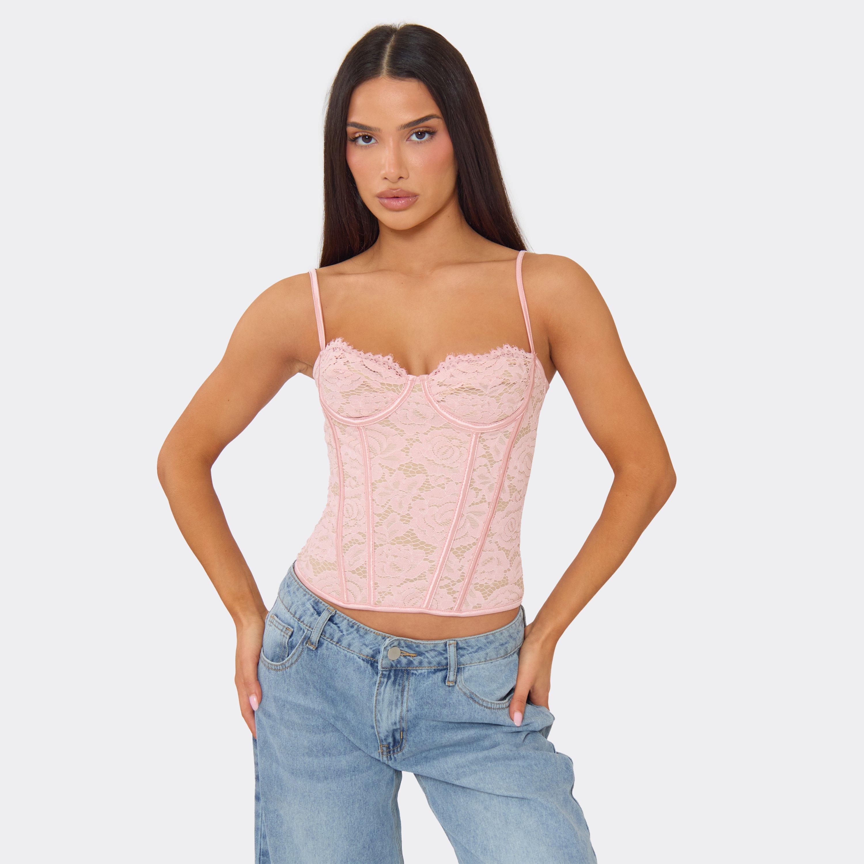 Strappy Lace Up Back Structured Corset Top In Pink Lace, Women’s