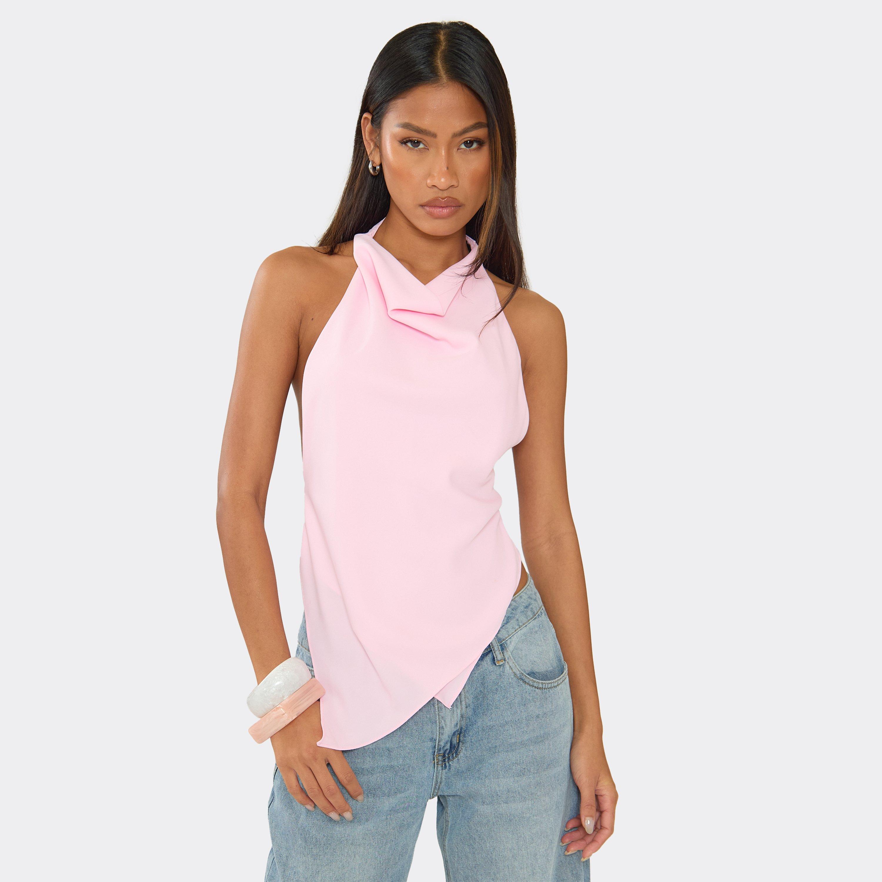 Halter Neck Layered Detail Top In Pink Chiffon, Women's Size UK 6