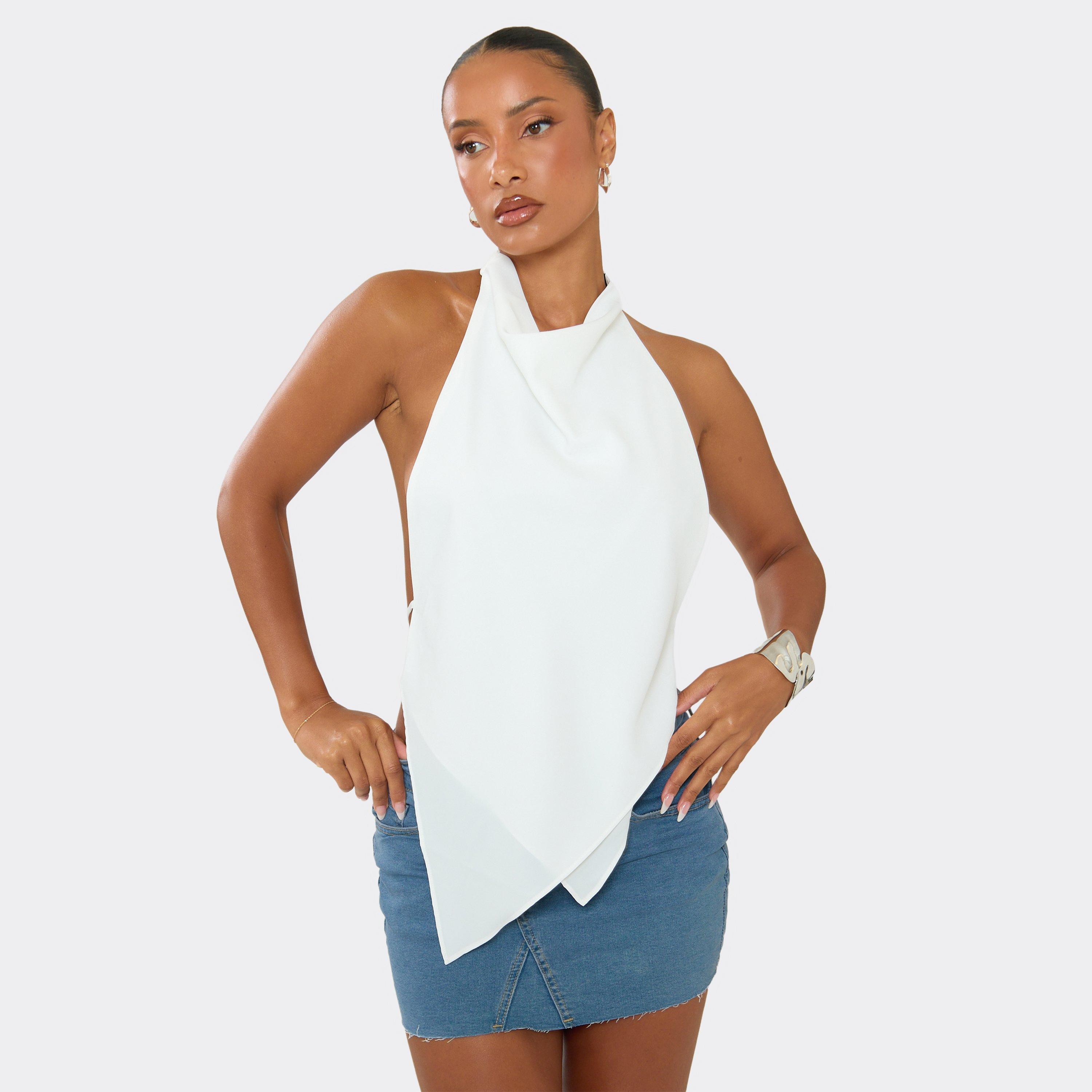 Halter Neck Layered Detail Top In White Chiffon, Women's Size UK 10