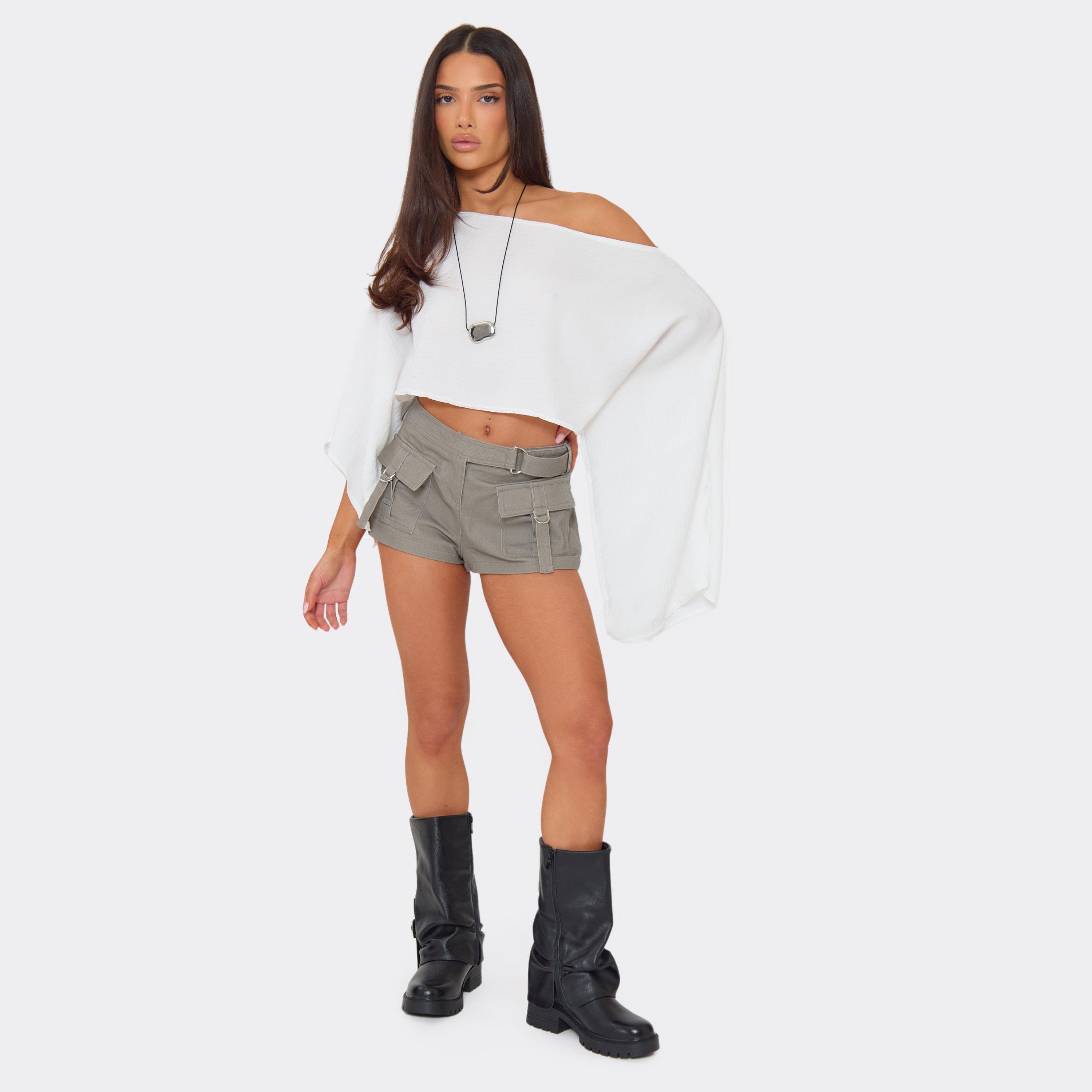 Low Rise Belted Pocket Detail Cargo Shorts In Grey, Women’s