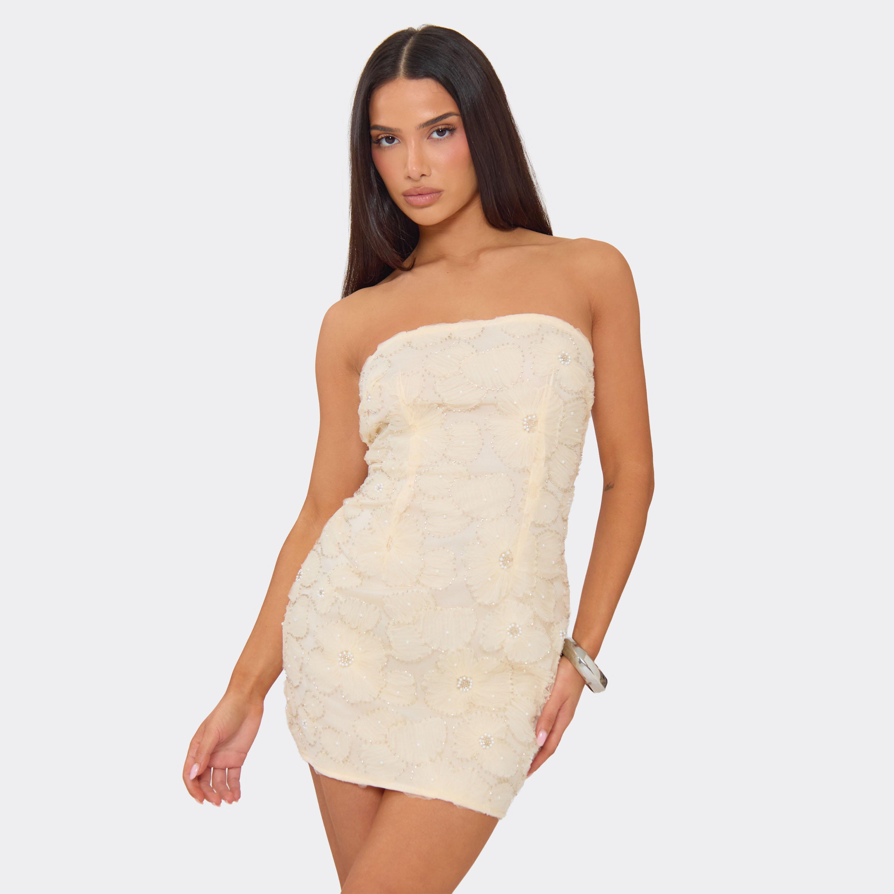 Bandeau Embellished Floral Detail Mini Dress In Yellow, Women’s