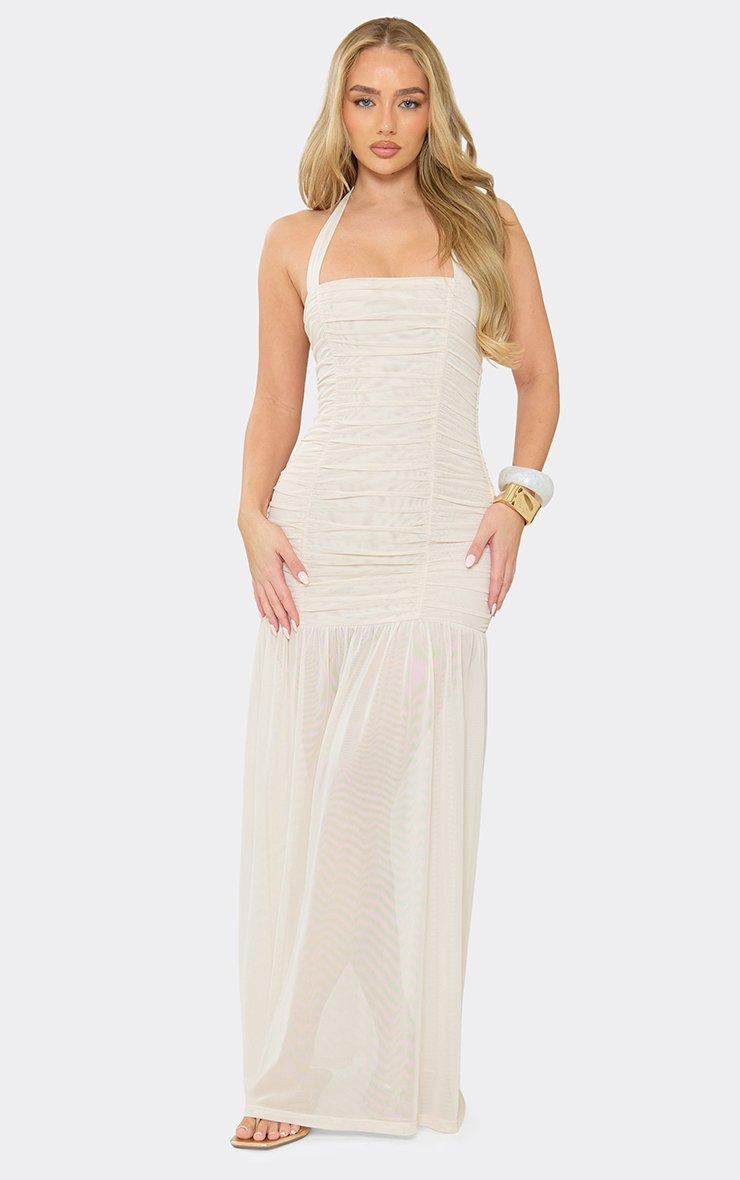 Halterneck Ruched Detail Maxi Dress In Cream Mesh | EGO US | EGO