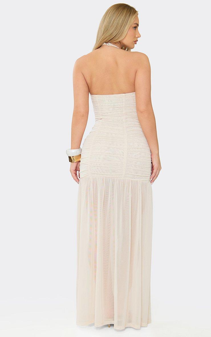 Halterneck Ruched Detail Maxi Dress In Cream Mesh, Women's Size US 4 - EGO