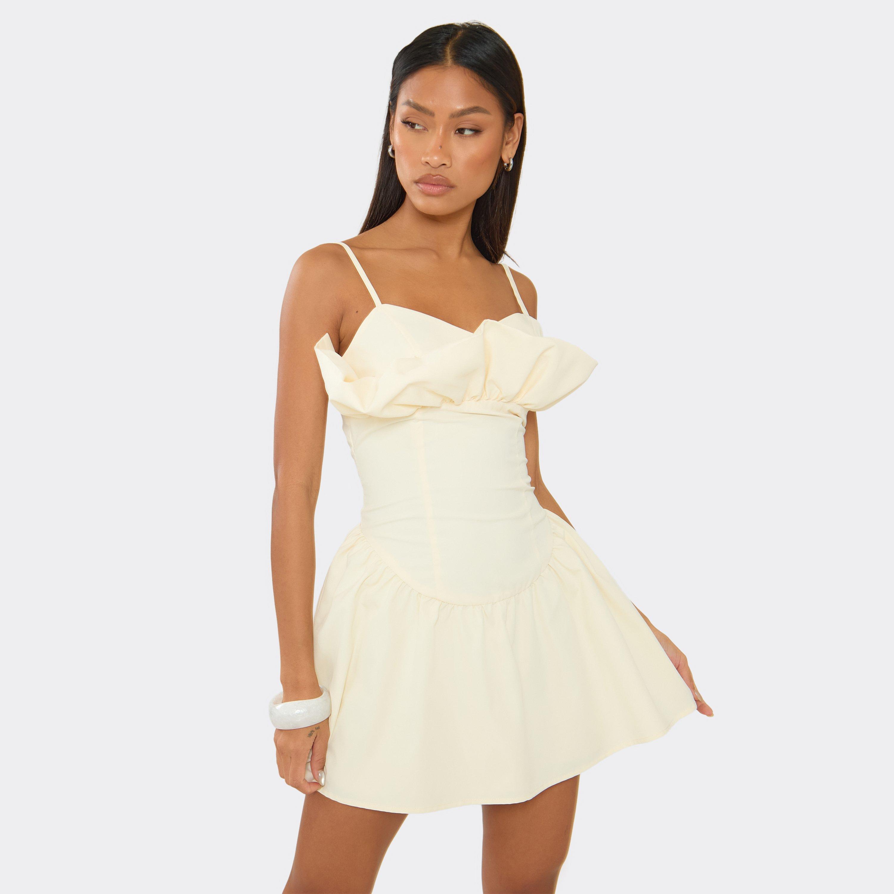 Strappy Frill Bust Detail Mini Dress In Yellow Woven, Women’s