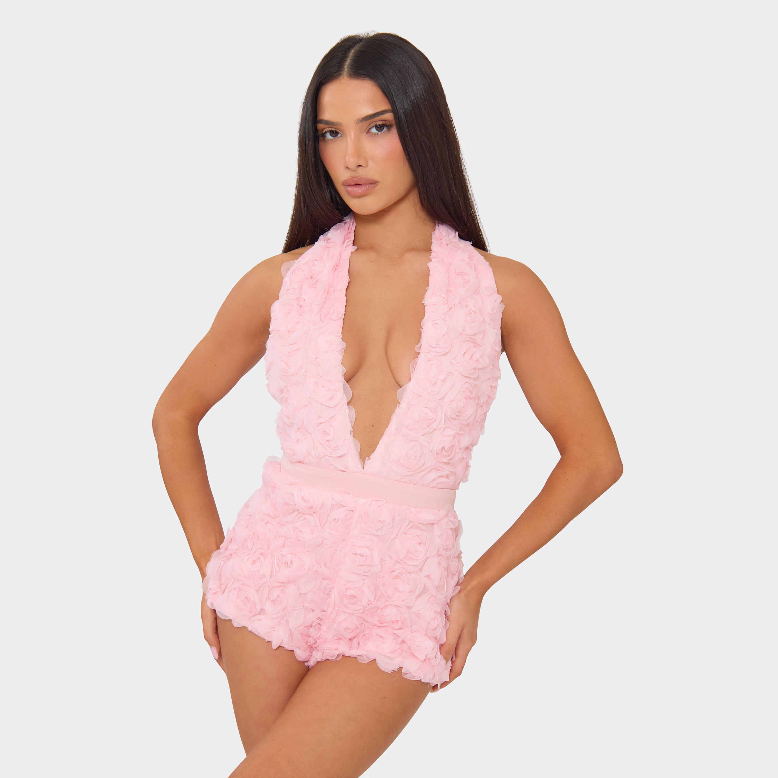 Plunge Halter Neck Playsuit In Pink Floral Applique, Women's Size UK 8