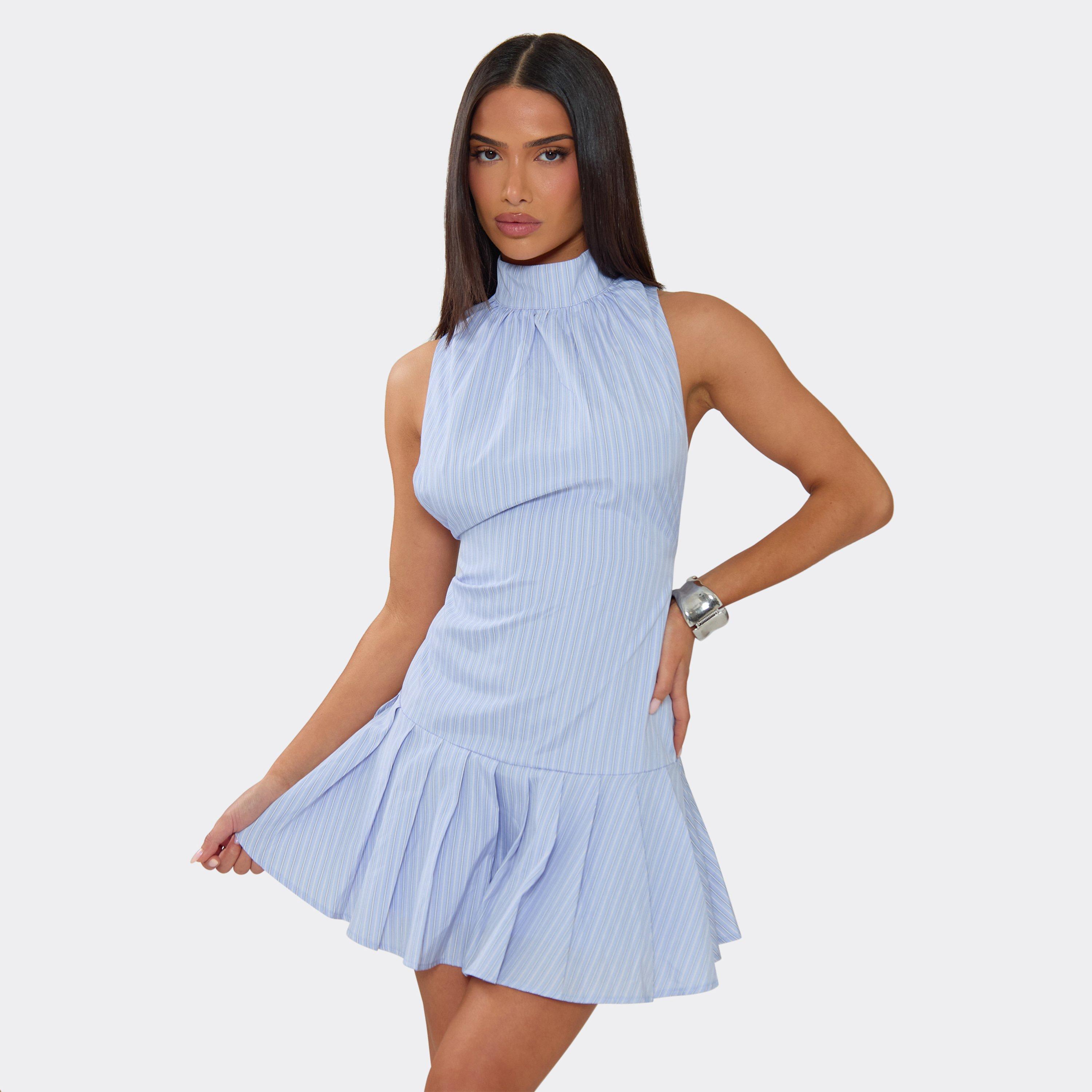 High Neck Pleated Hem Mini Dress In Blue Stripe, Women’s