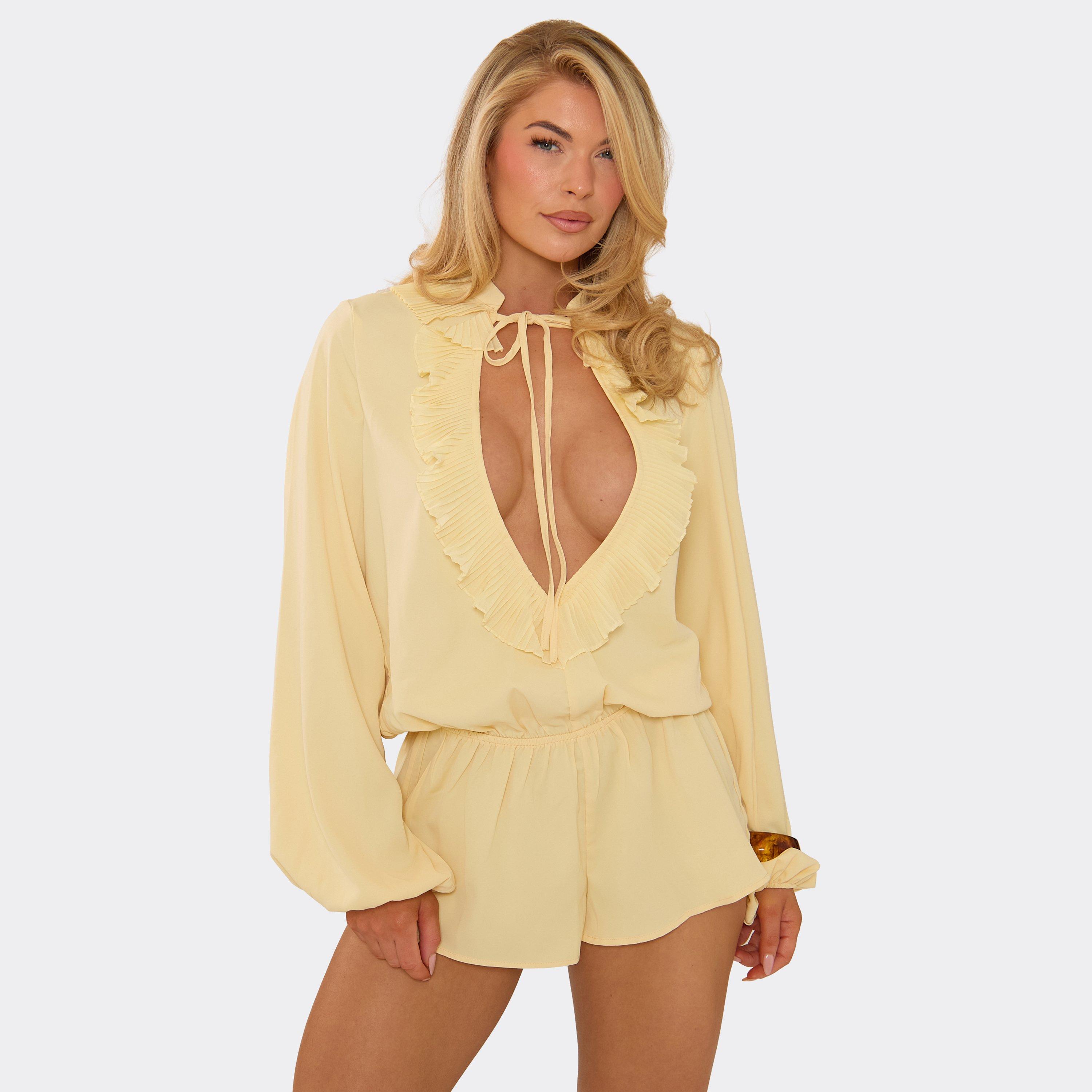 Image of Long Sleeve Plunge Frill Detail Front Floaty Blouson Playsuit In Lemon, Women's