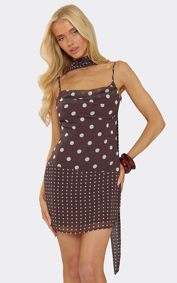 Strappy Mini Dress With Scarf In Contrast Brown Polka Dot | EGO US | EGO