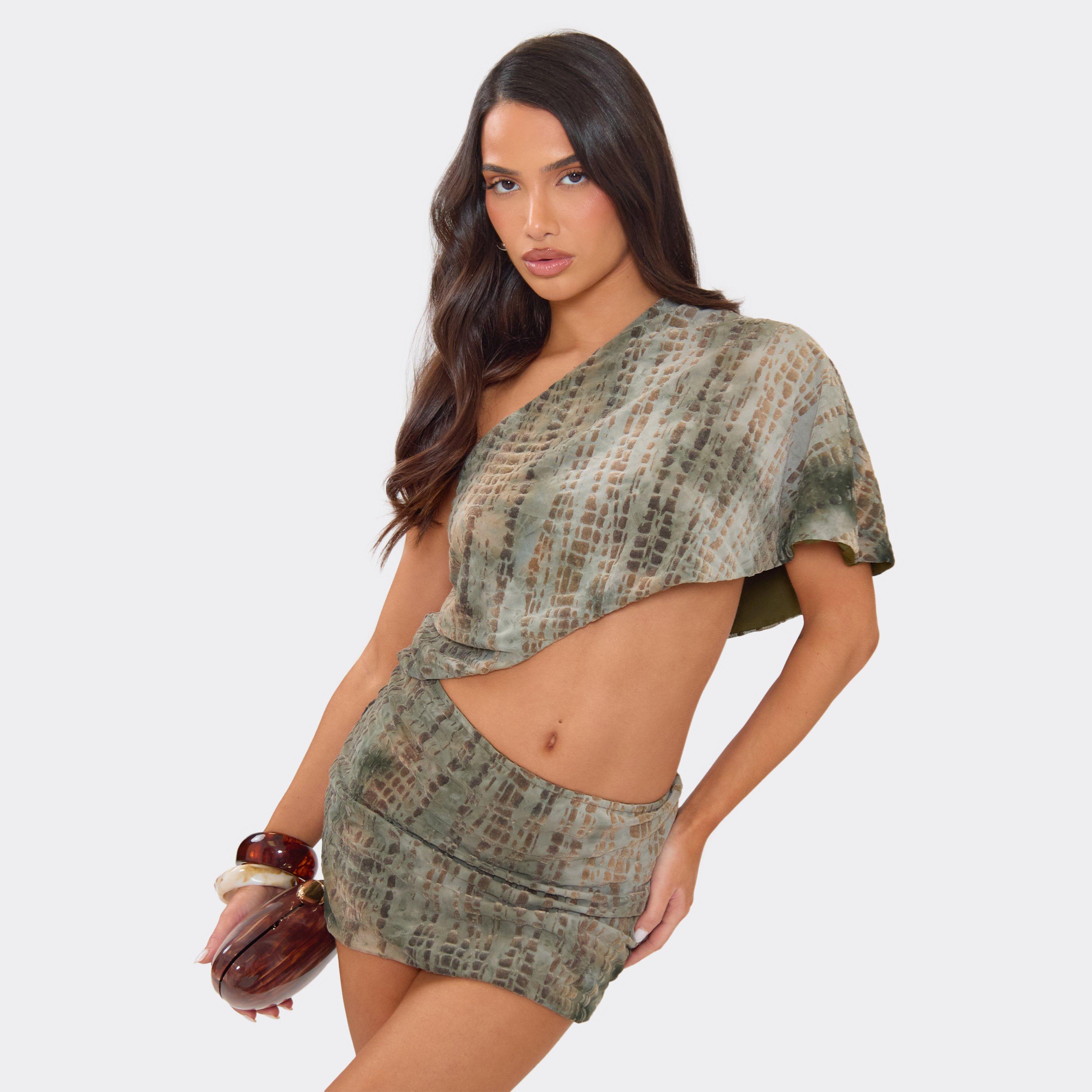 One Shoulder Cape Detail Cut Out Mini Dress In Green Textured Devore, Women’s