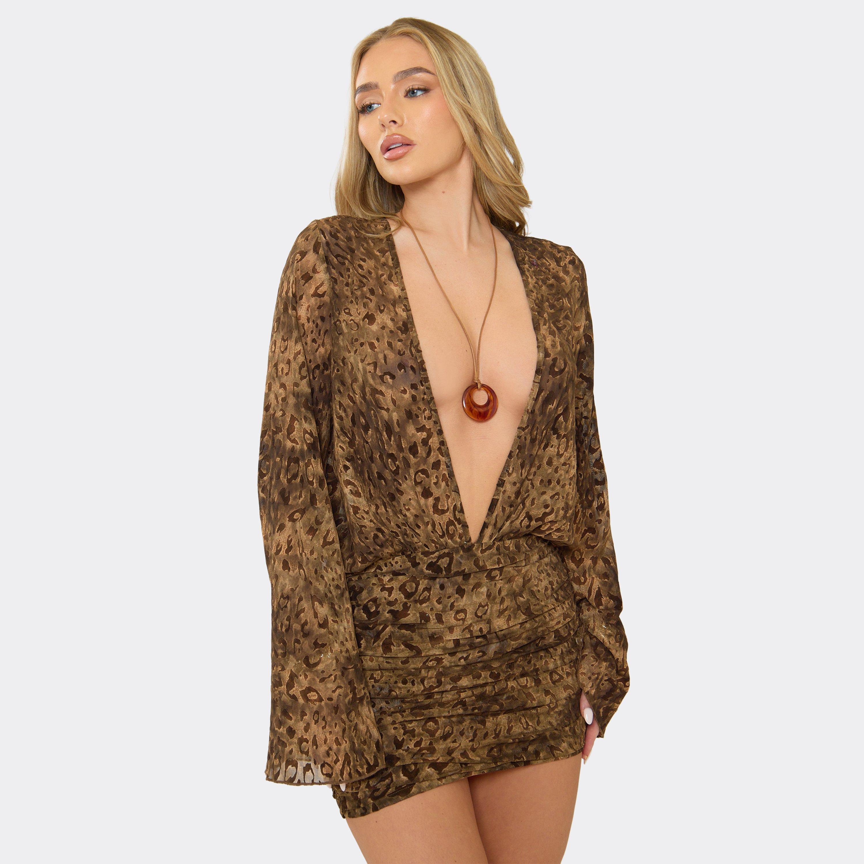 Long Sleeve Plunge Neck Ruched Mini Dress In Brown Devore, Women’s