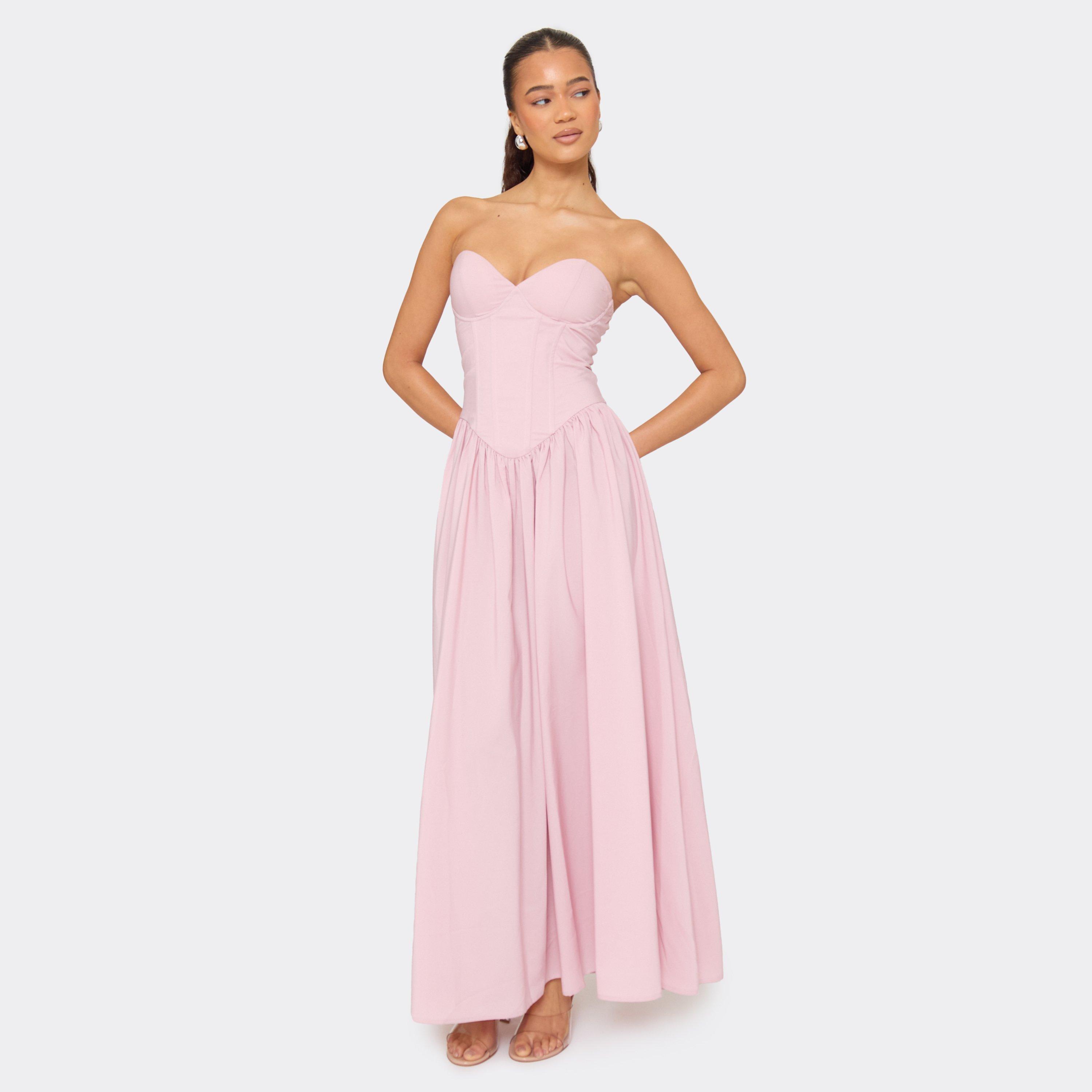 Bandeau Underwired Corset Detail Pleated Maxi Dress In Pink, Women’s